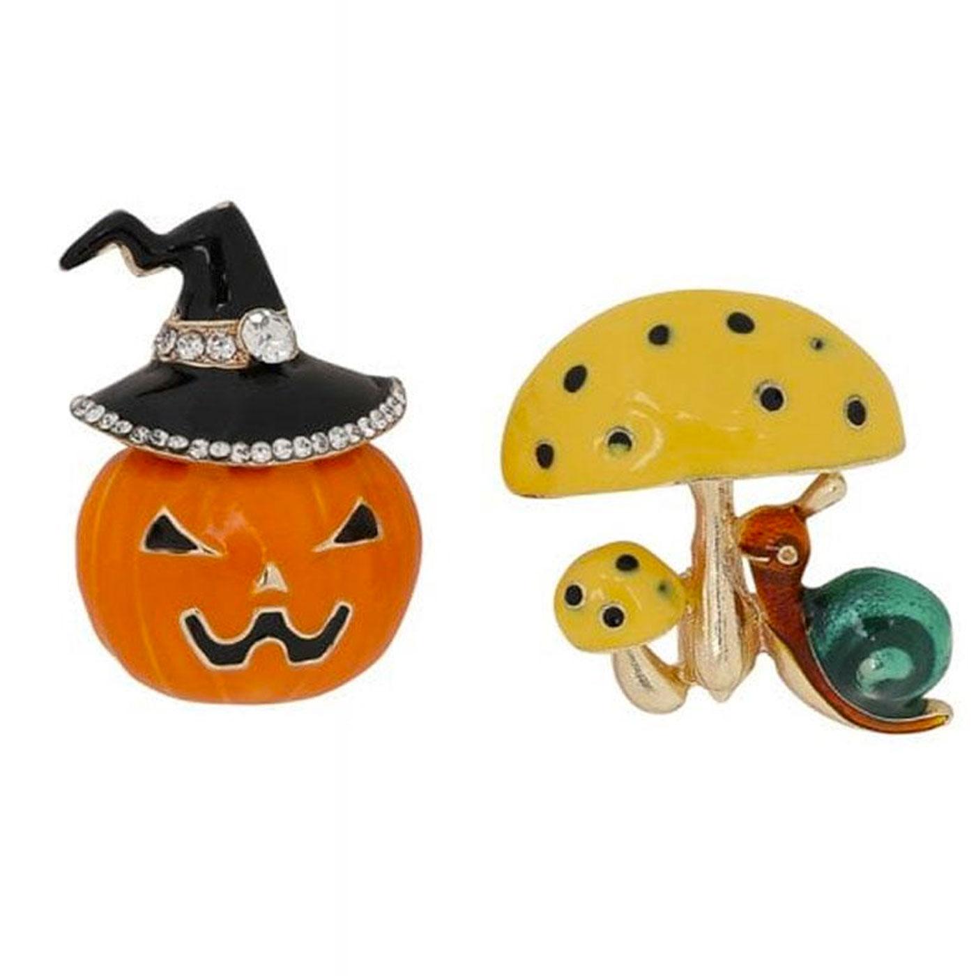October COLLECTIF Pumpkin and Mushroom Brooch Set