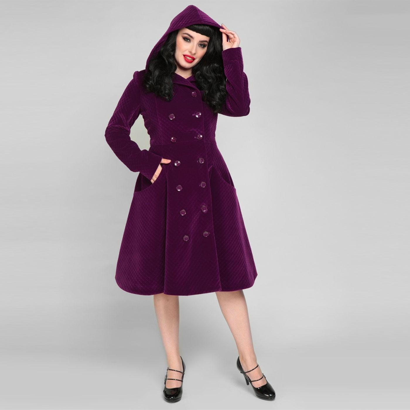 COLLECTIF Heather Hooded Quilted Velvet Swing Coat in Purple