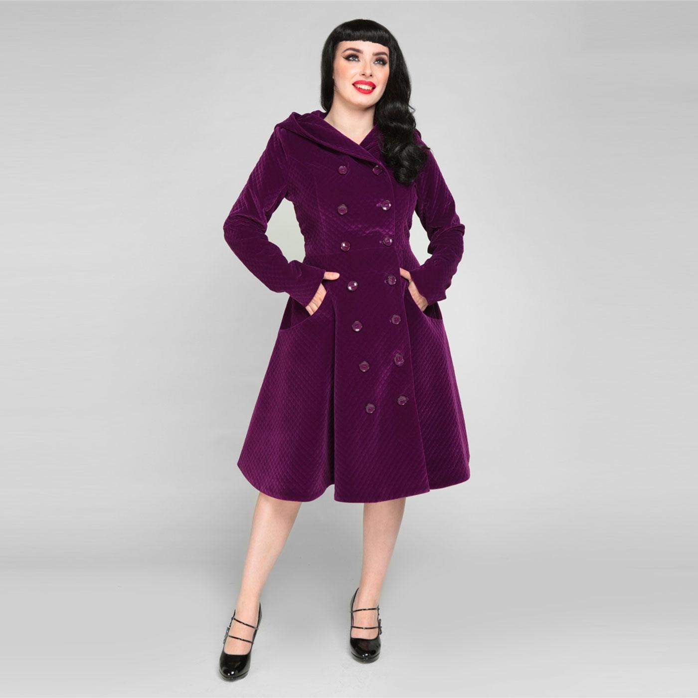 COLLECTIF Heather Hooded Quilted Velvet Swing Coat in Purple