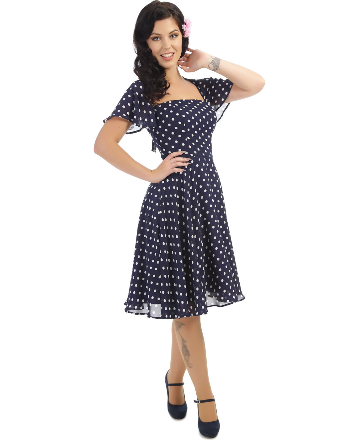 Collectif Vintage Juliet Retro 1950s Polka Dot Swing Dress Navy