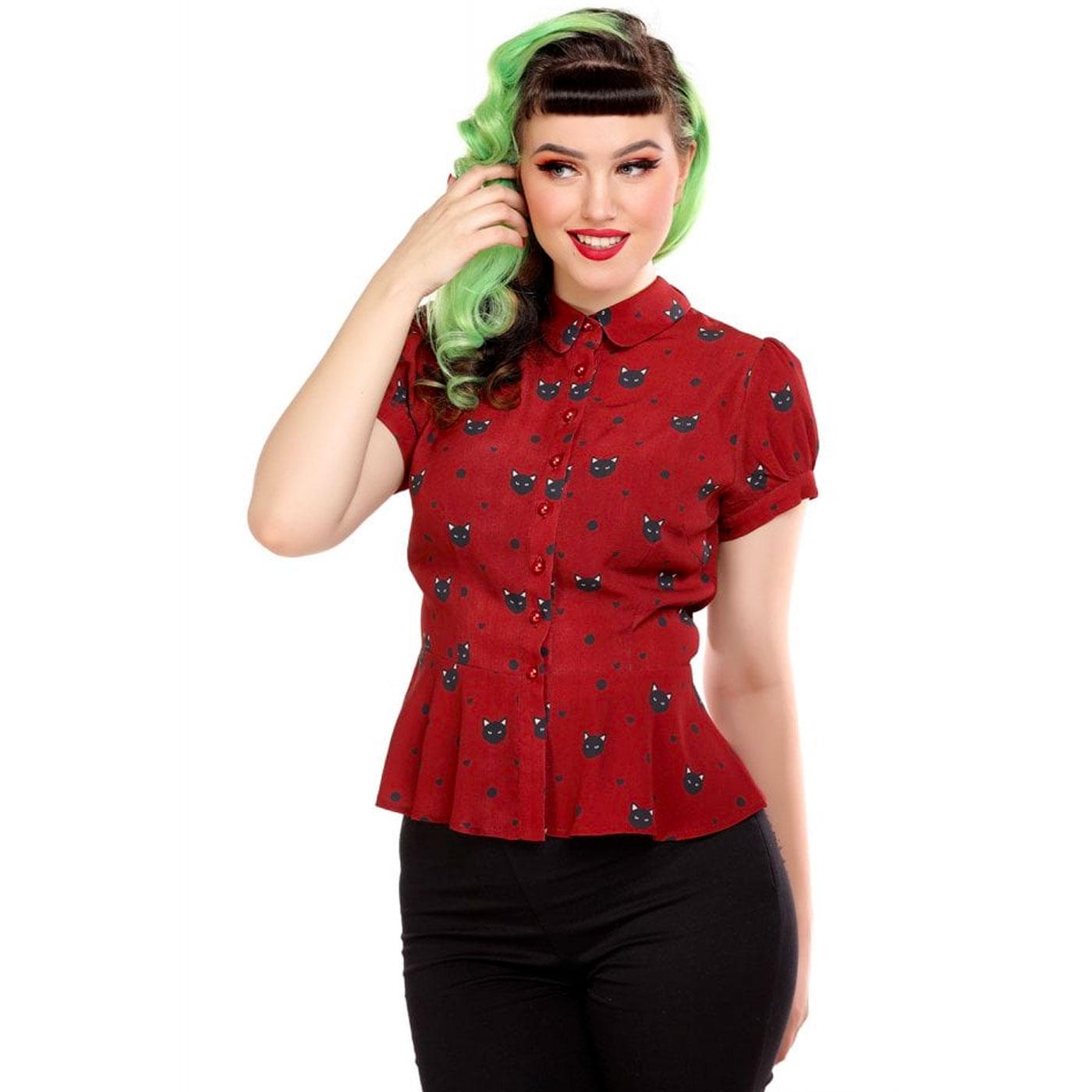 COLLECTIF Mary Grace Polka Meow Vintage Black Cat Blouse