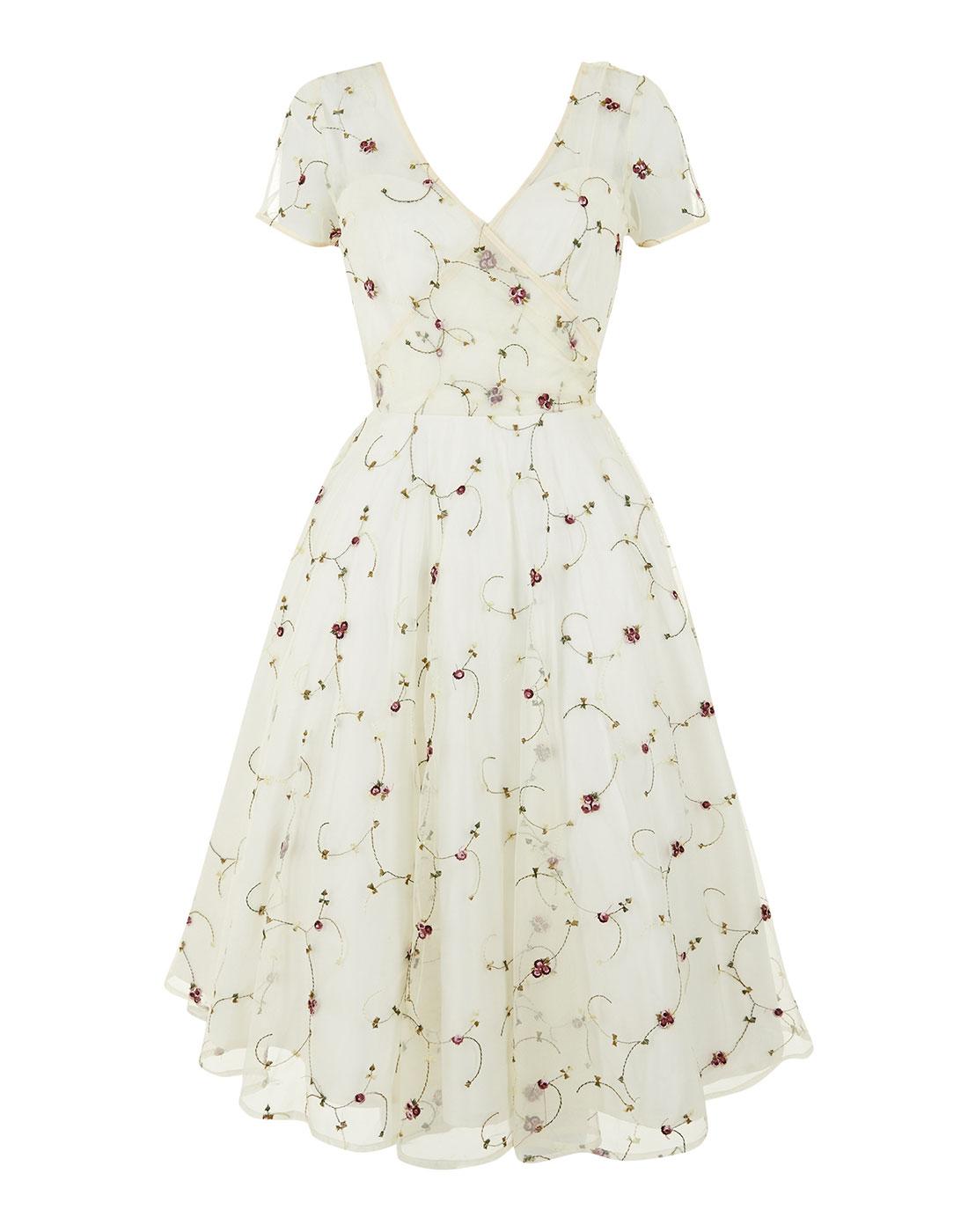 COLLECTIF Nina Floral Embroidered Swing Dress in Ivory