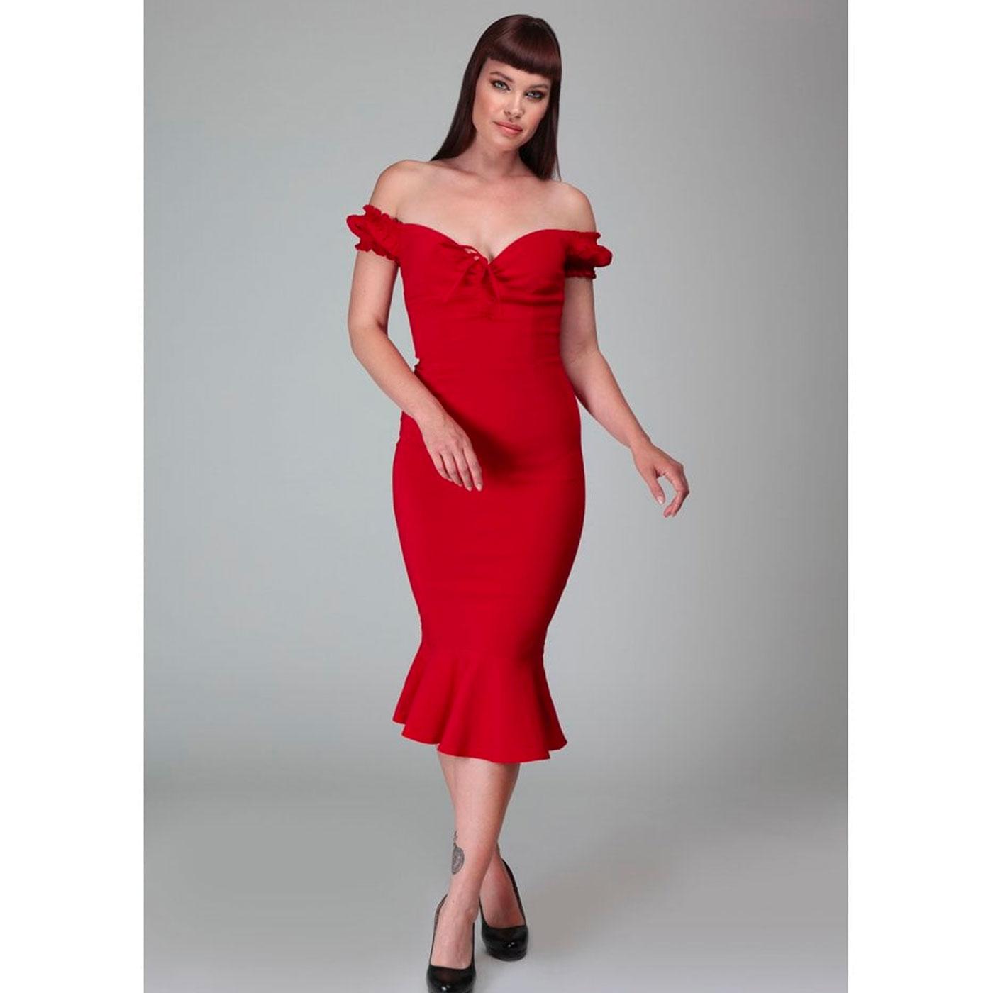 COLLECTIF 'Sasha' Retro 1950's Fishtail Wiggle Dress in Red