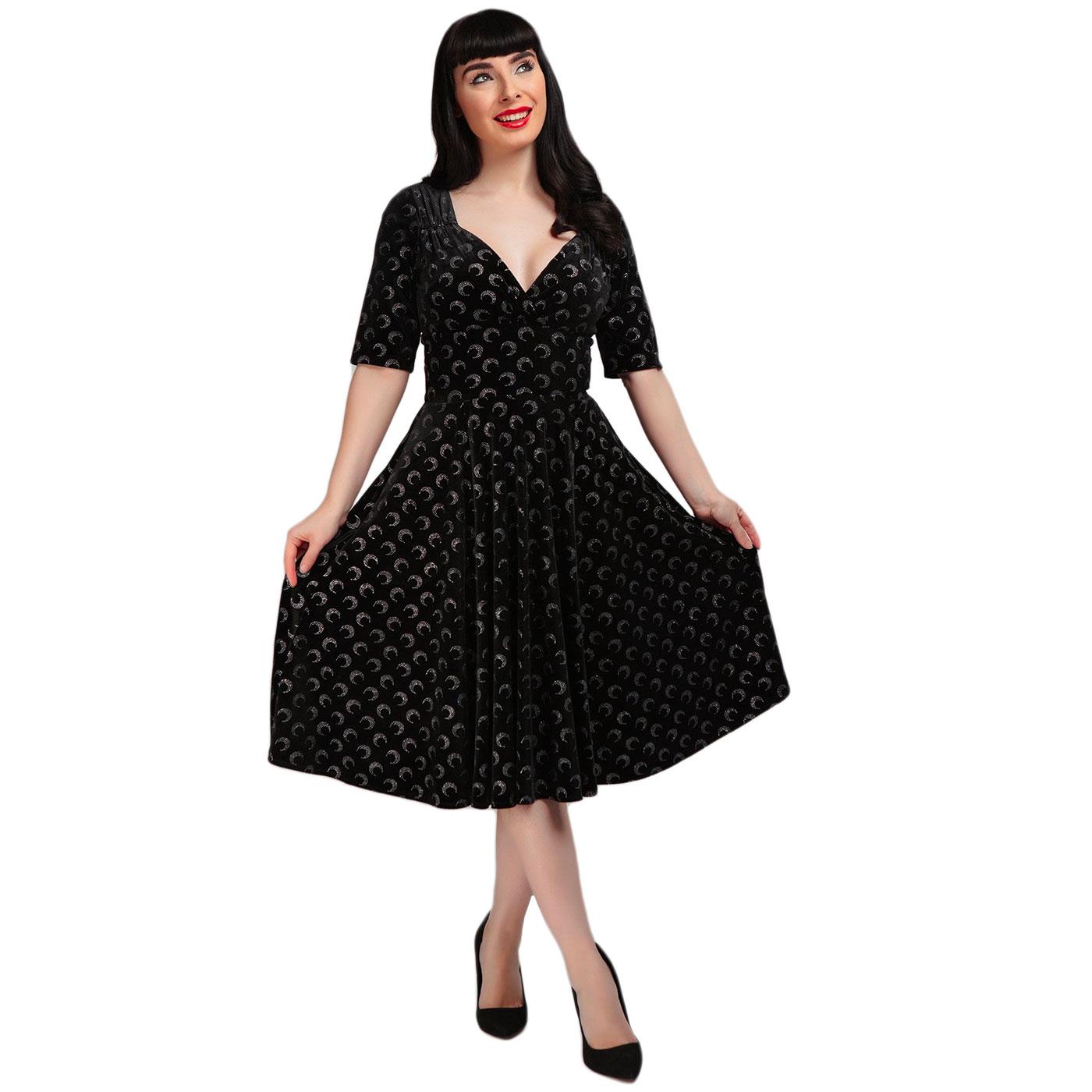 COLLECTIF Trixie Glitter Moon Velvet Swing Dress in black