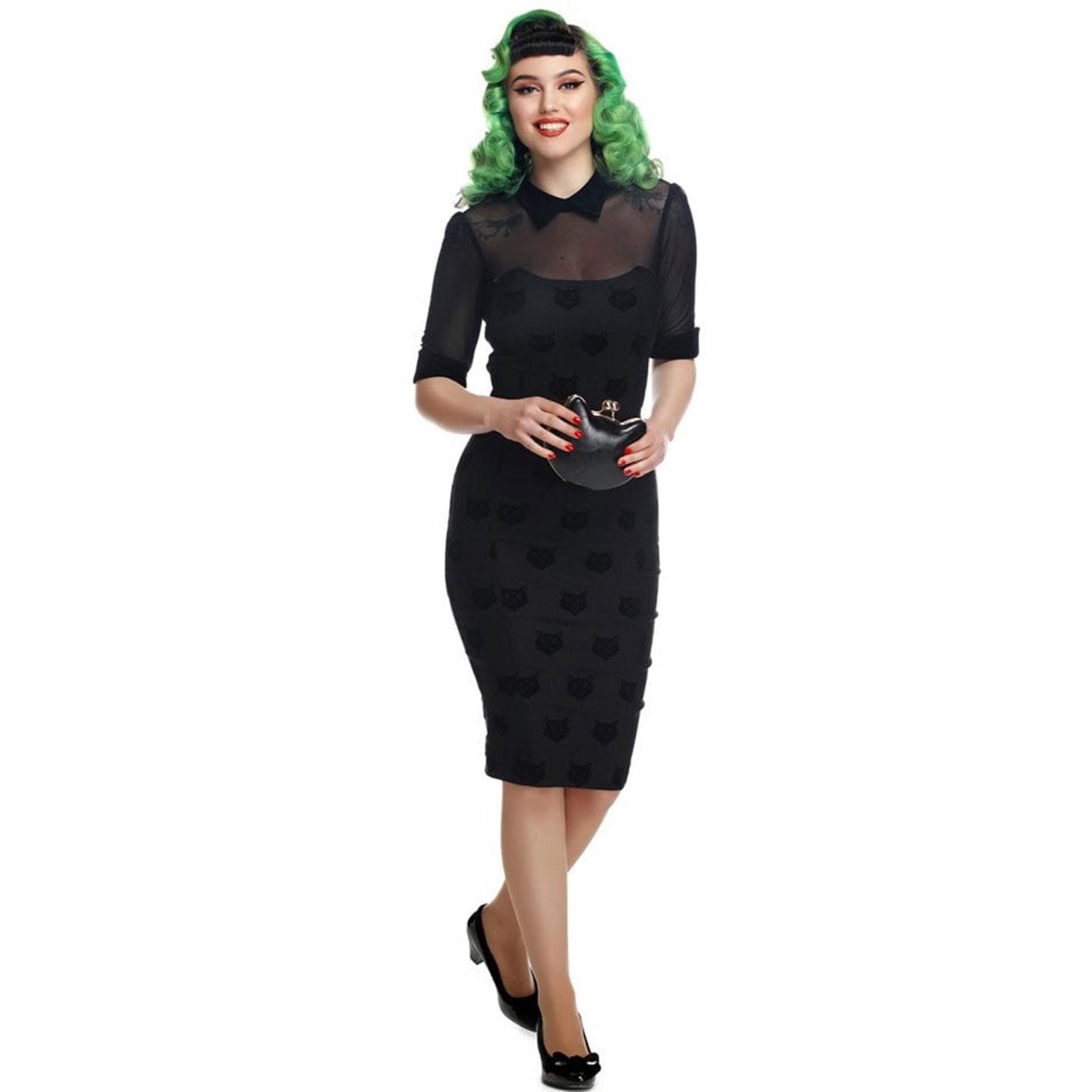 Wednesday COLLECTIF Velvet Cat Pencil Dress Black