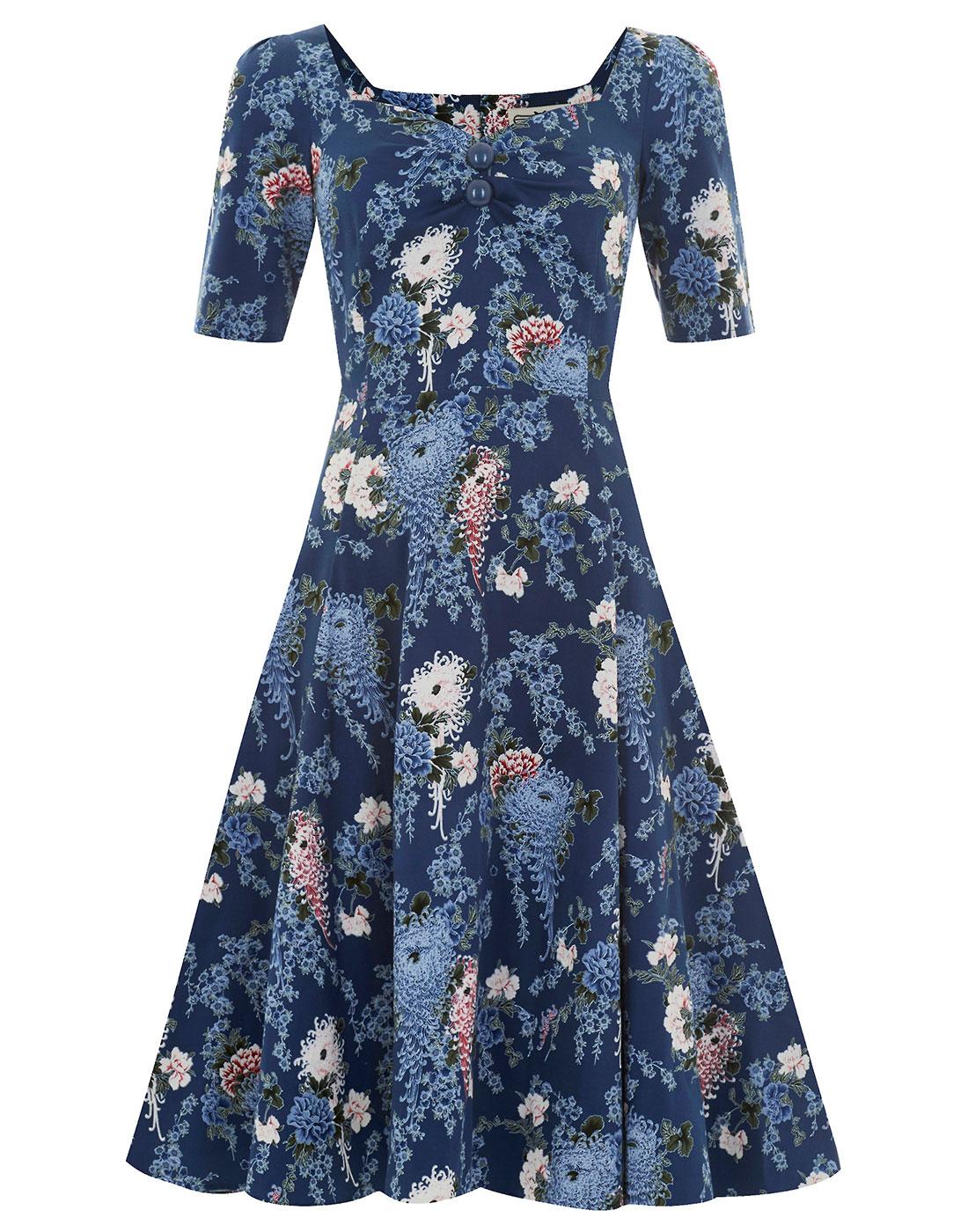 COLLECTIF Dolores Garden Floral Retro 50s Doll Dress in Blue