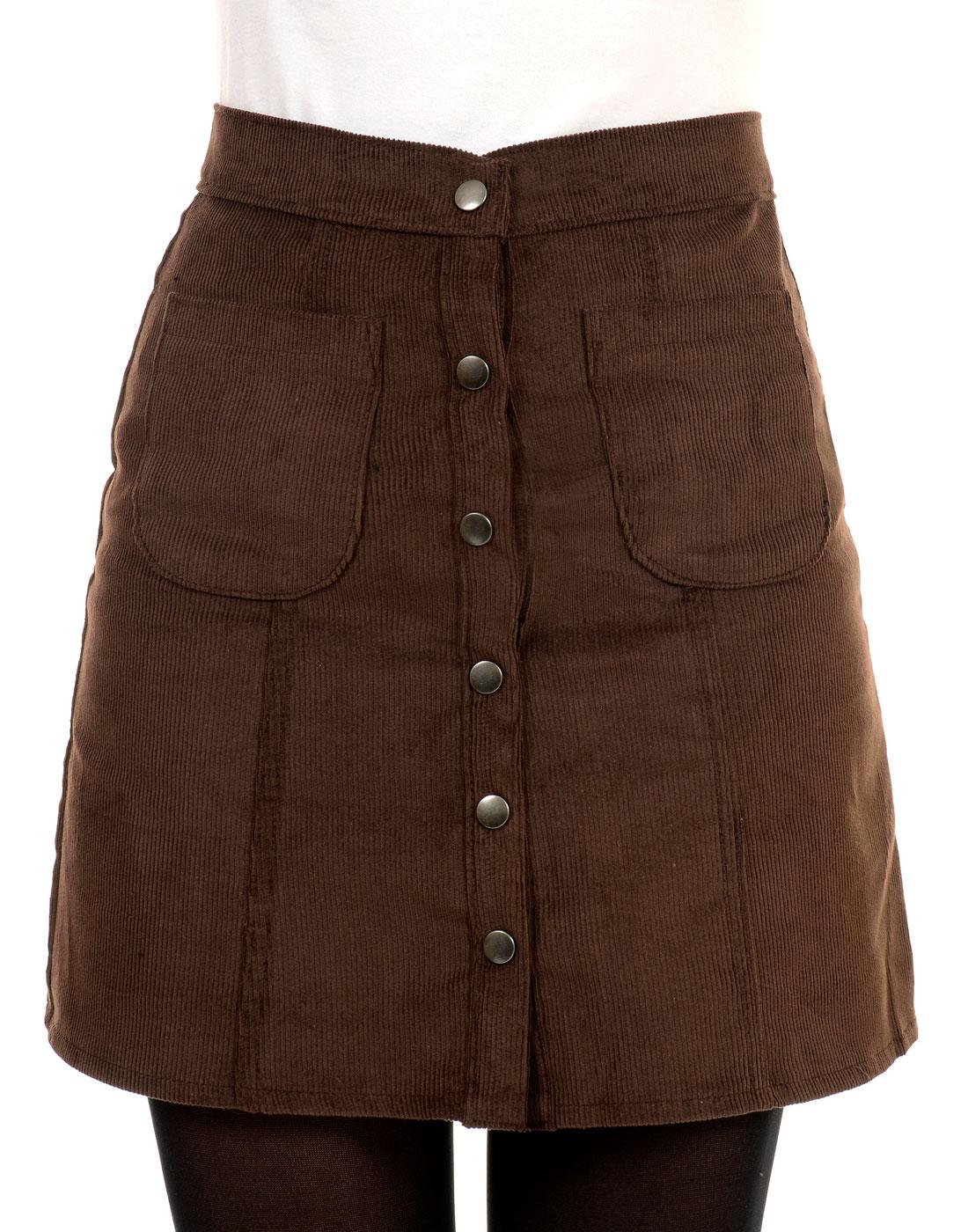 Retro Sixties Mod Snap Front Brown Cord Mini Skirt with Pockets