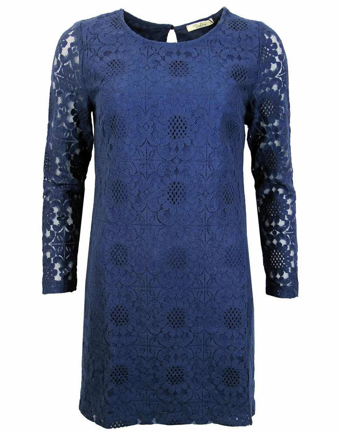 DARLING Erin Retro 60's Floral Lace Panelled Tunic Dress in Navy