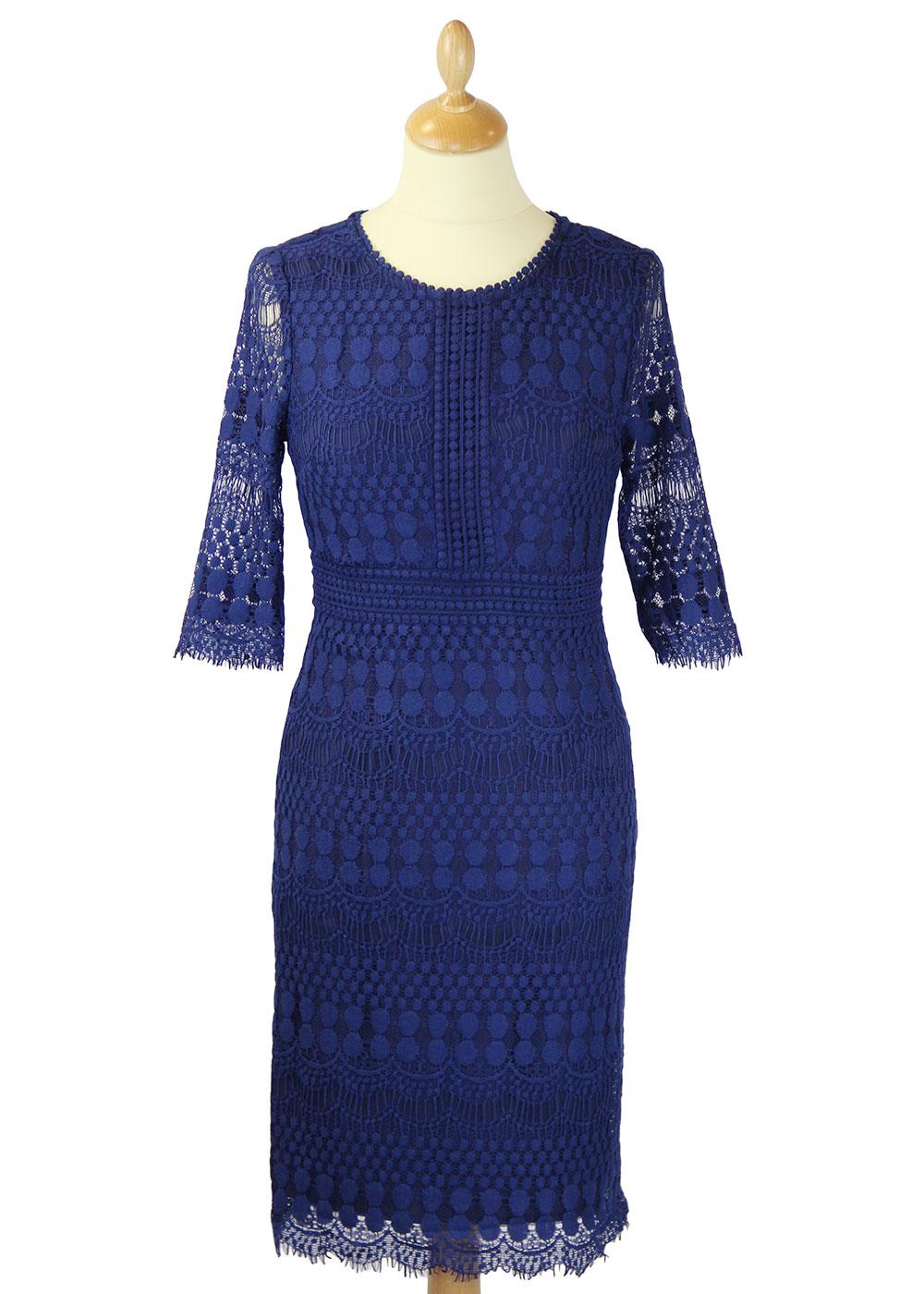DARLING Retro 60s Mod Lace Midi Sleeve Fitted Dress in Cobalt