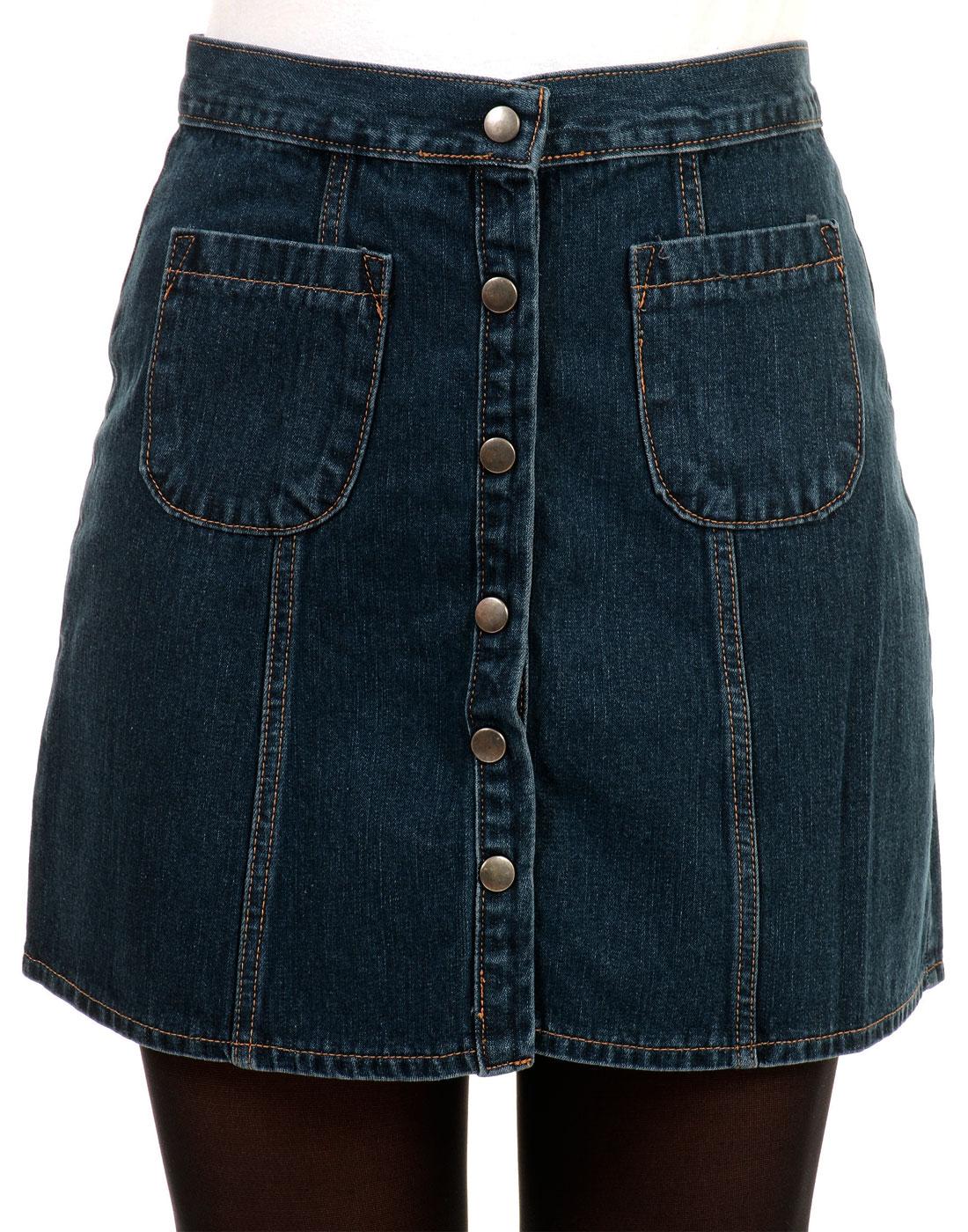 Retro Seventies Mod Snap Front Stonewash Denim Mini Skirt