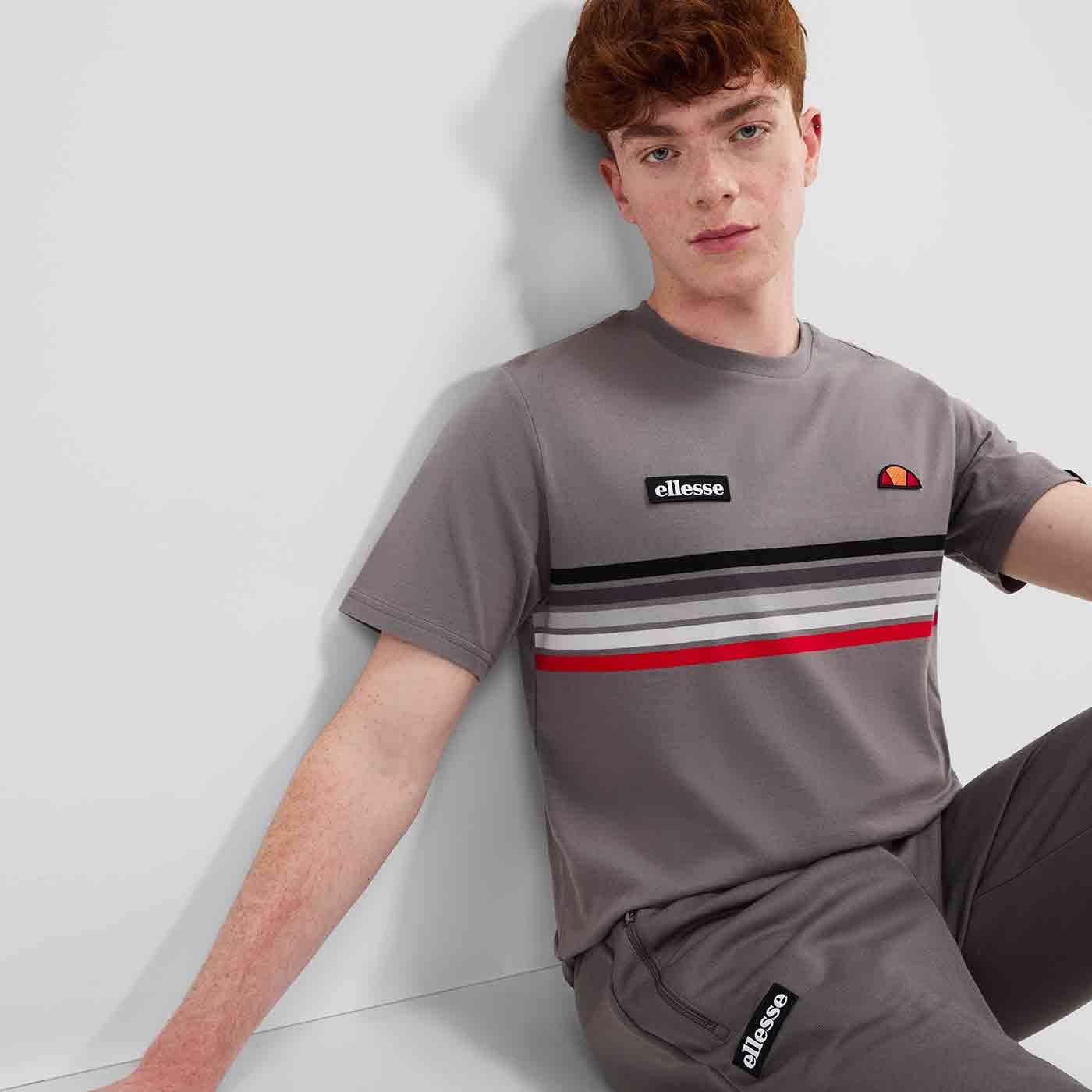 Ellesse Marsella Two Retro Chest Stripe Jersey Crew Tee Grey Ellesse Marsella Two Retro Chest Stripe Jersey Crew Tee Grey