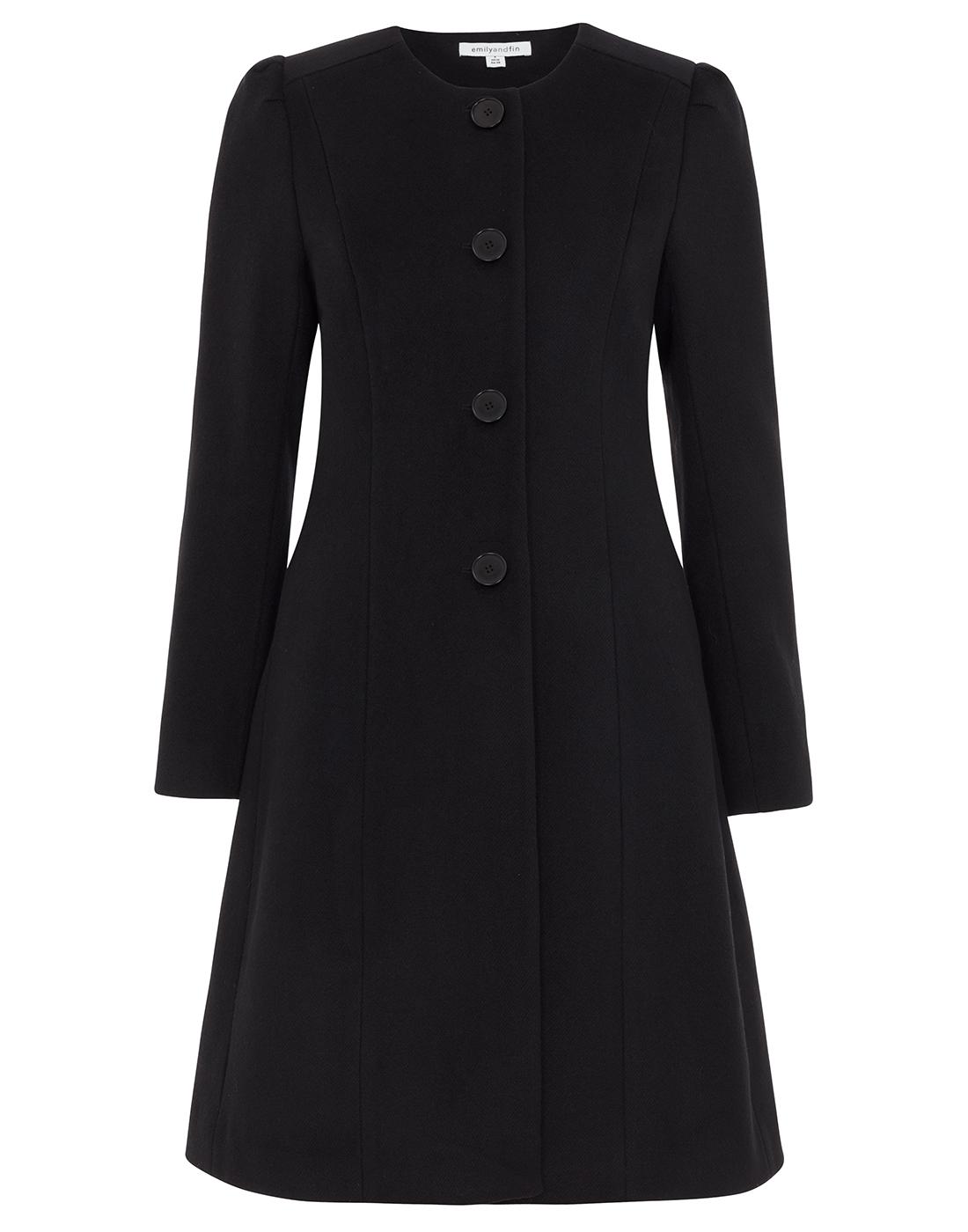 EMILY AND FIN Amelia Retro 60s Collarless Winter Coat in Black