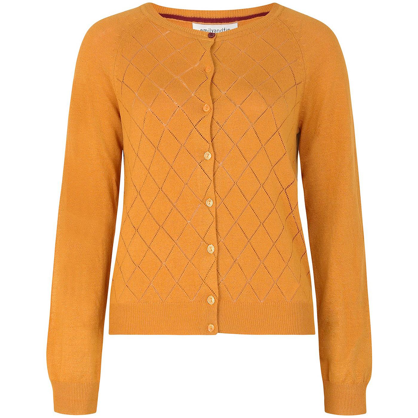 EMILY AND FIN Tess Retro Argyle Pointelle Cardigan in Ochre