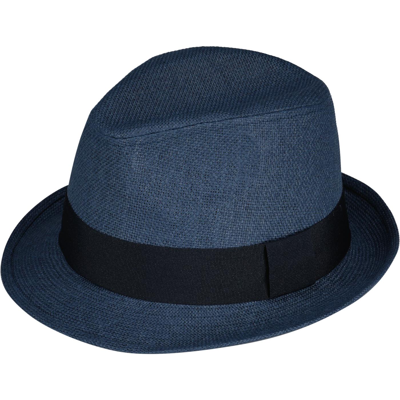 FAILSWORTH Retro 70s Paperstraw Trilby Hat (Navy)