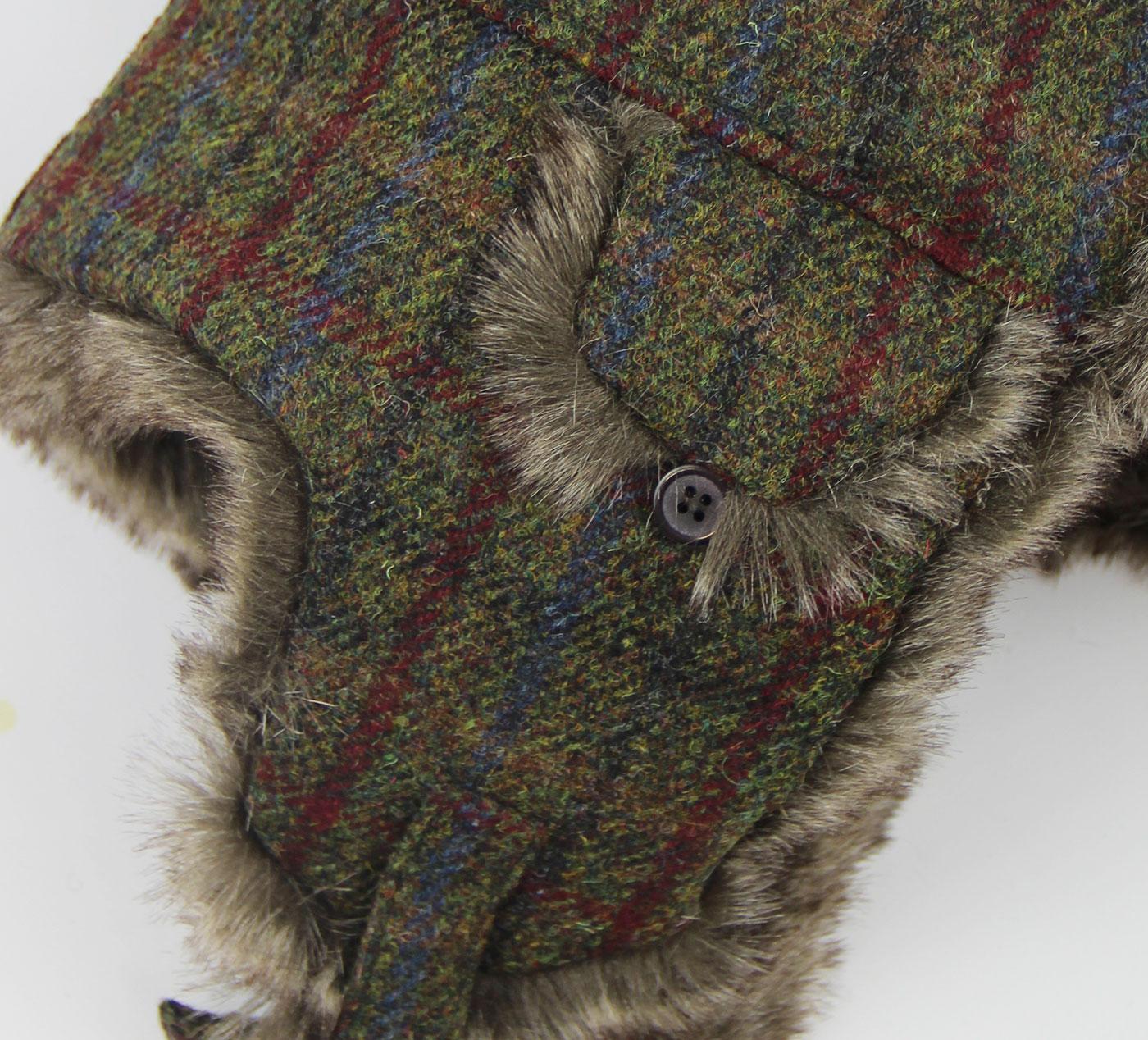 Harris Tweed Check Retro 1970s Faux Fur Trim Trapper Hat in Green