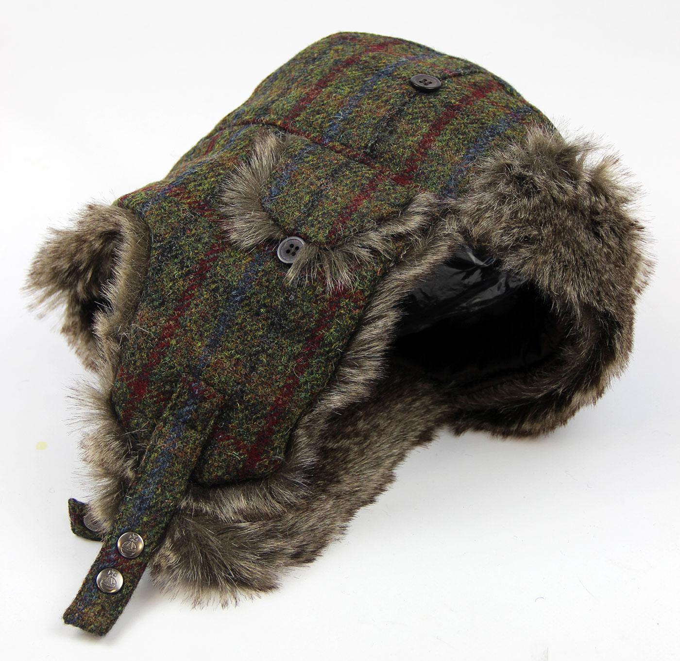 Harris Tweed Check Retro 1970s Faux Fur Trim Trapper Hat in Green