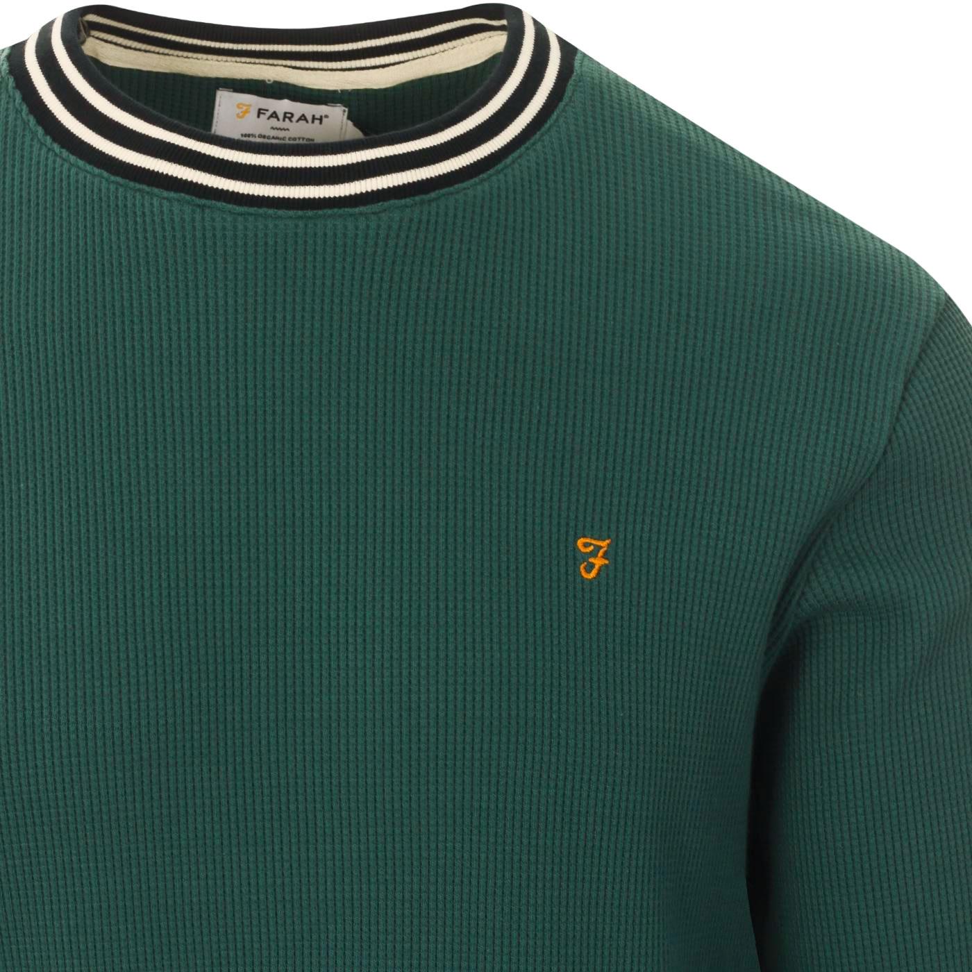 FARAH Copely Retro 60s Mod Tipped Waffle Jumper in Pine