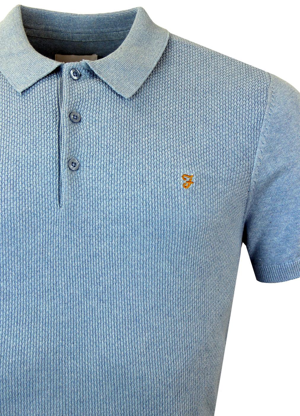 FARAH Sutton Retro Mod Waffle Panel Knitted Polo in Bluebell