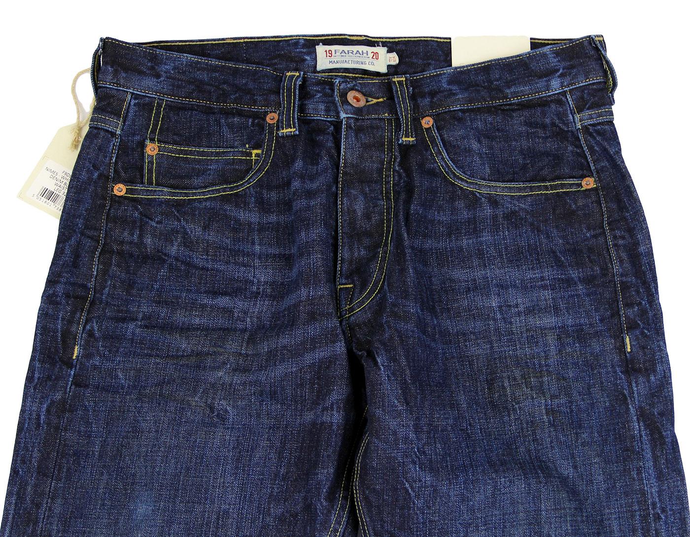 FARAH 1920 Nimes Retro Indie Mod Tapered Fit Denim Jeans Blue