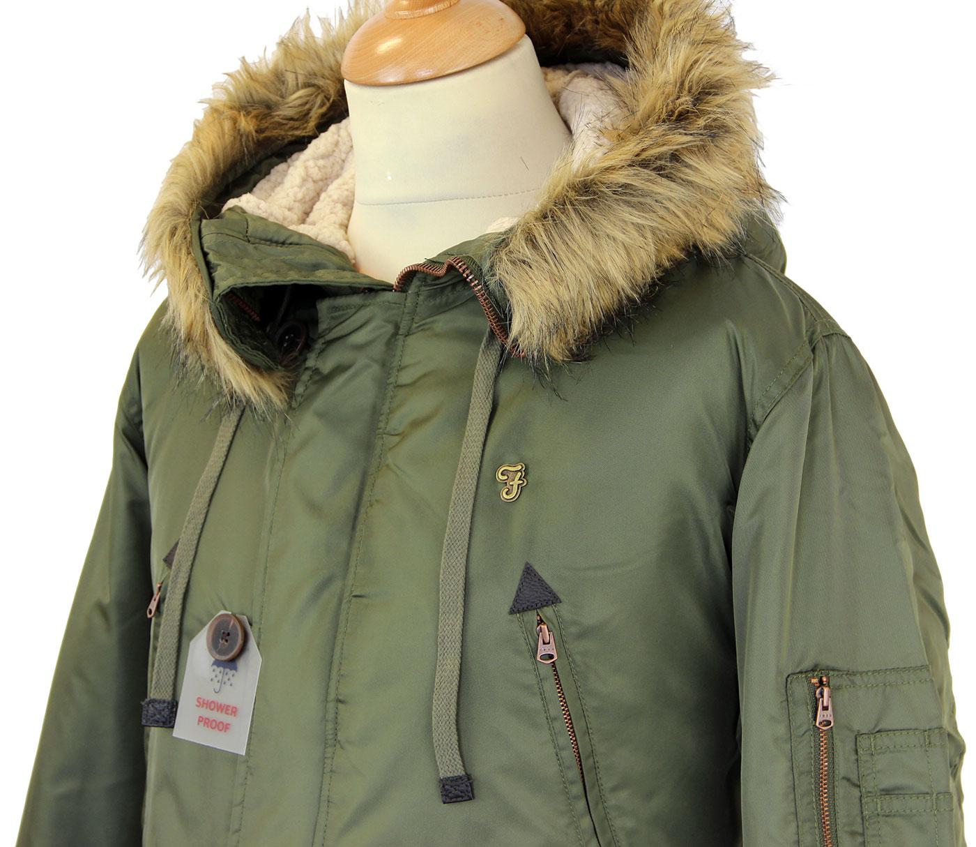 FARAH 1920 Everest Retro 60s Mod Padded Snorkel Parka Green Tea