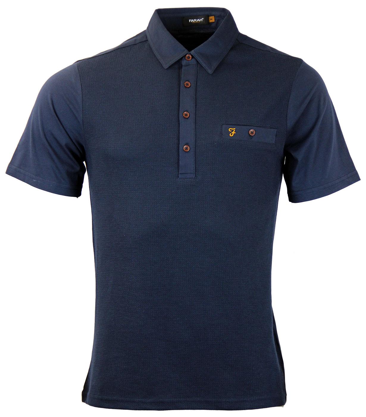 Farah Vintage Lester Retro 60s Mod S/S Textured Polo Top in Navy