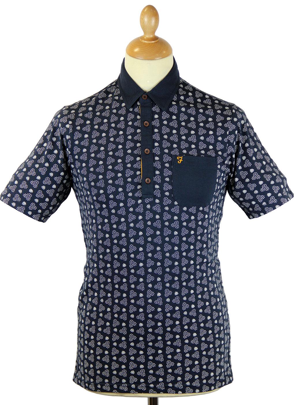 FARAH VINTAGE Mayer Retro 60s Mod Op Art Print Polo Shirt Navy