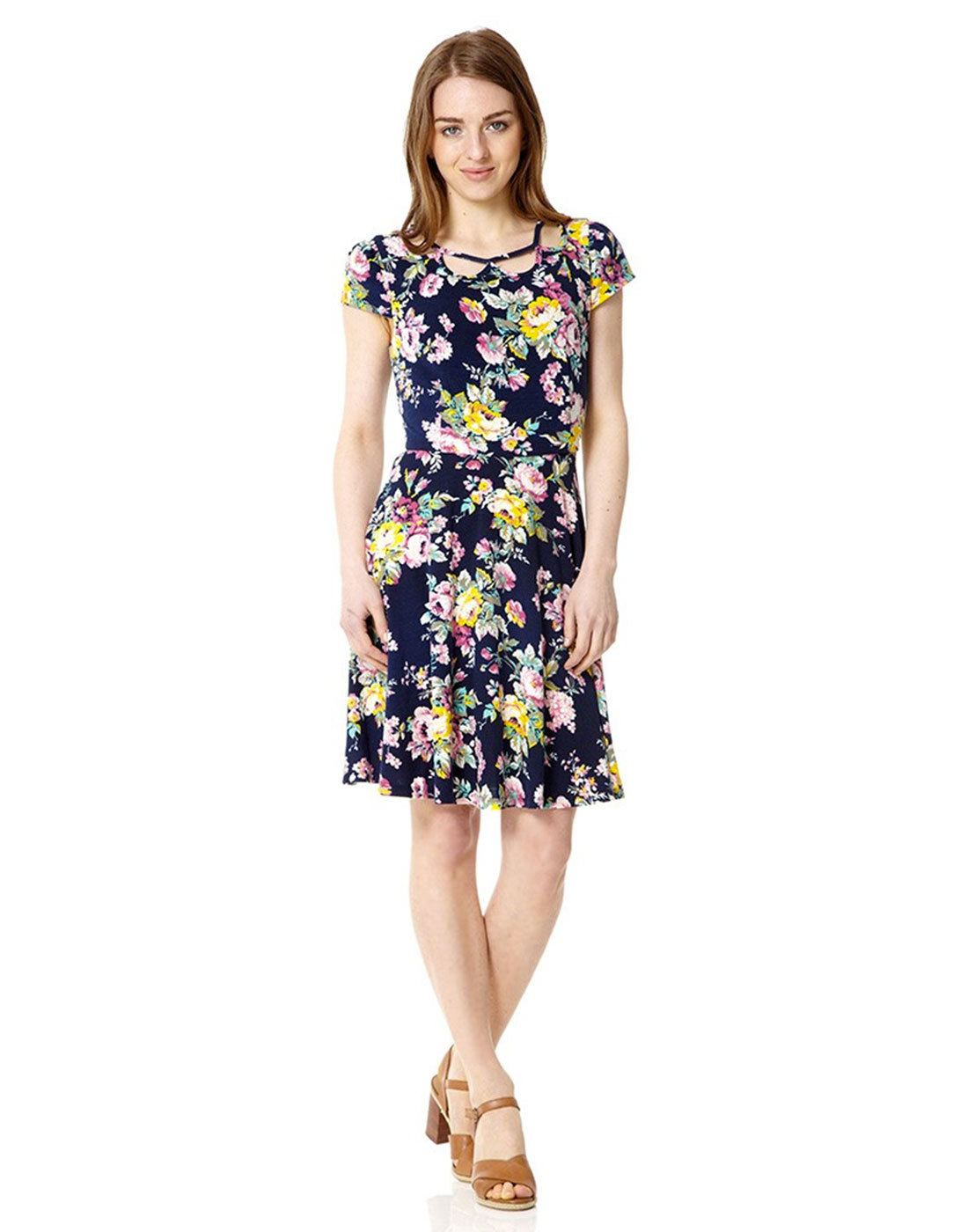 FEVER Ava Retro 1960s Mod Floral Cut Out Neck Flare Dress in Navy