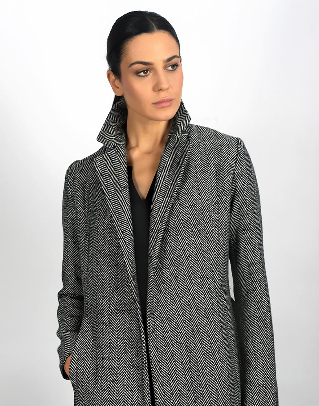 FEVER Enid Herringbone Retro 70s Faux Fur Collar Winter Coat