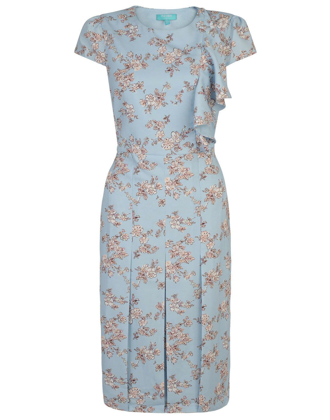 FEVER Megan Retro 1950s Vintage Floral Ruffle Dress in Light Blue