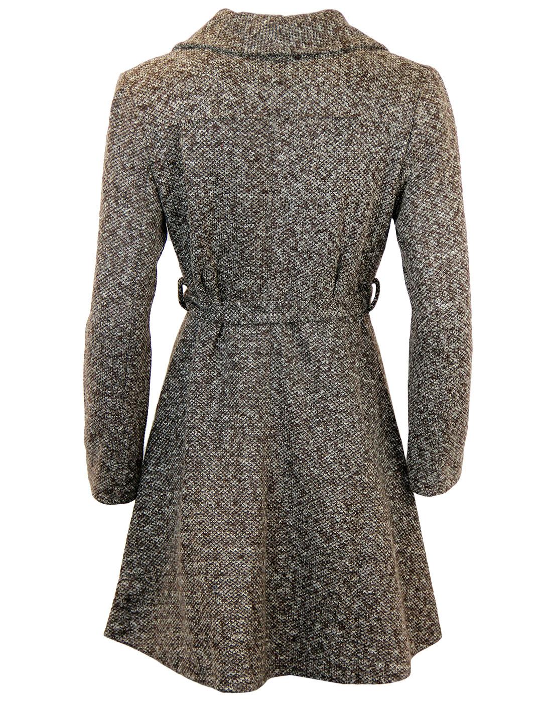 FEVER Manhattan Retro 60s Faux Fur Collar Belted Tweed Coat Brown