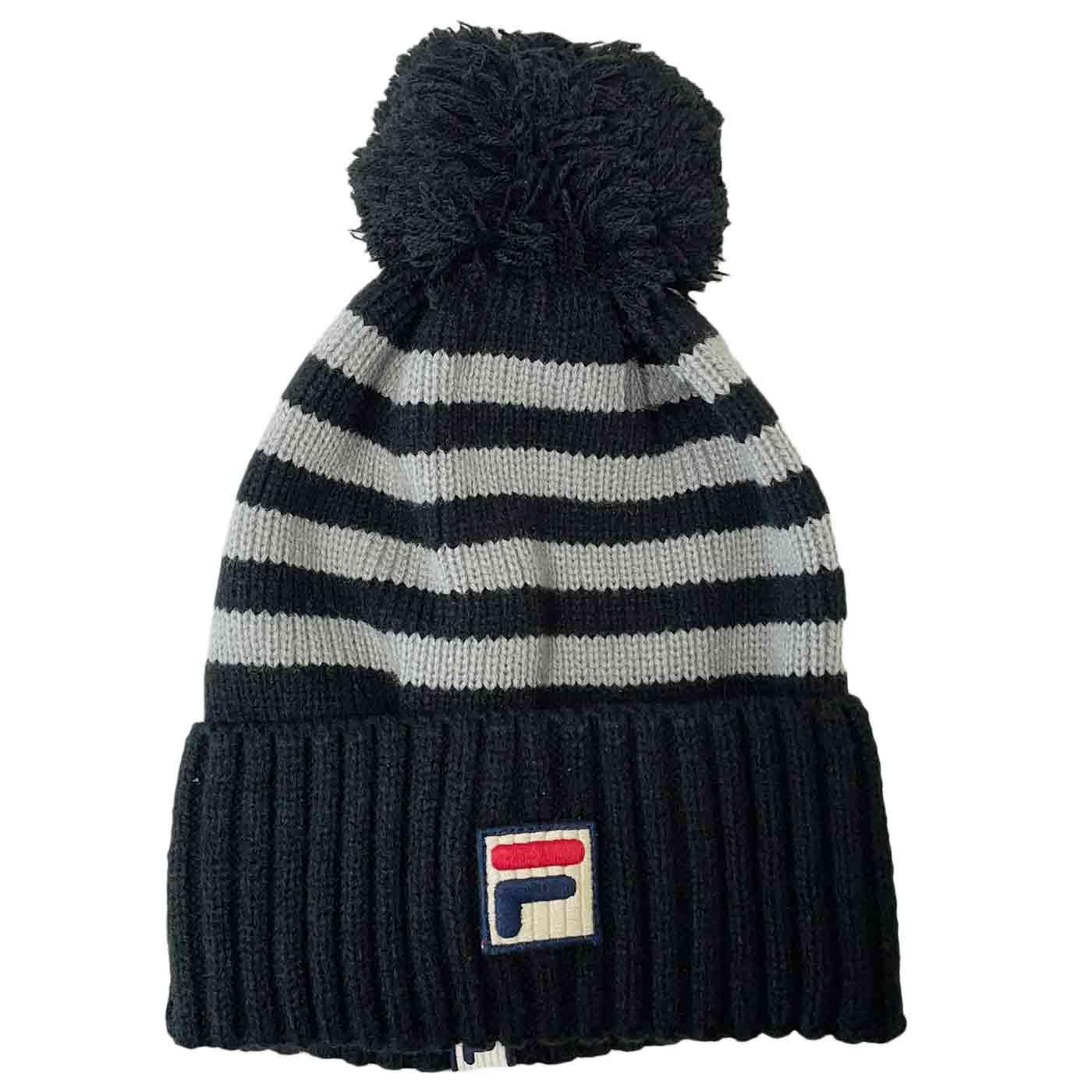 Fila Vintage Markee Chunky Knit Turn Up Bobble Beanie in Black