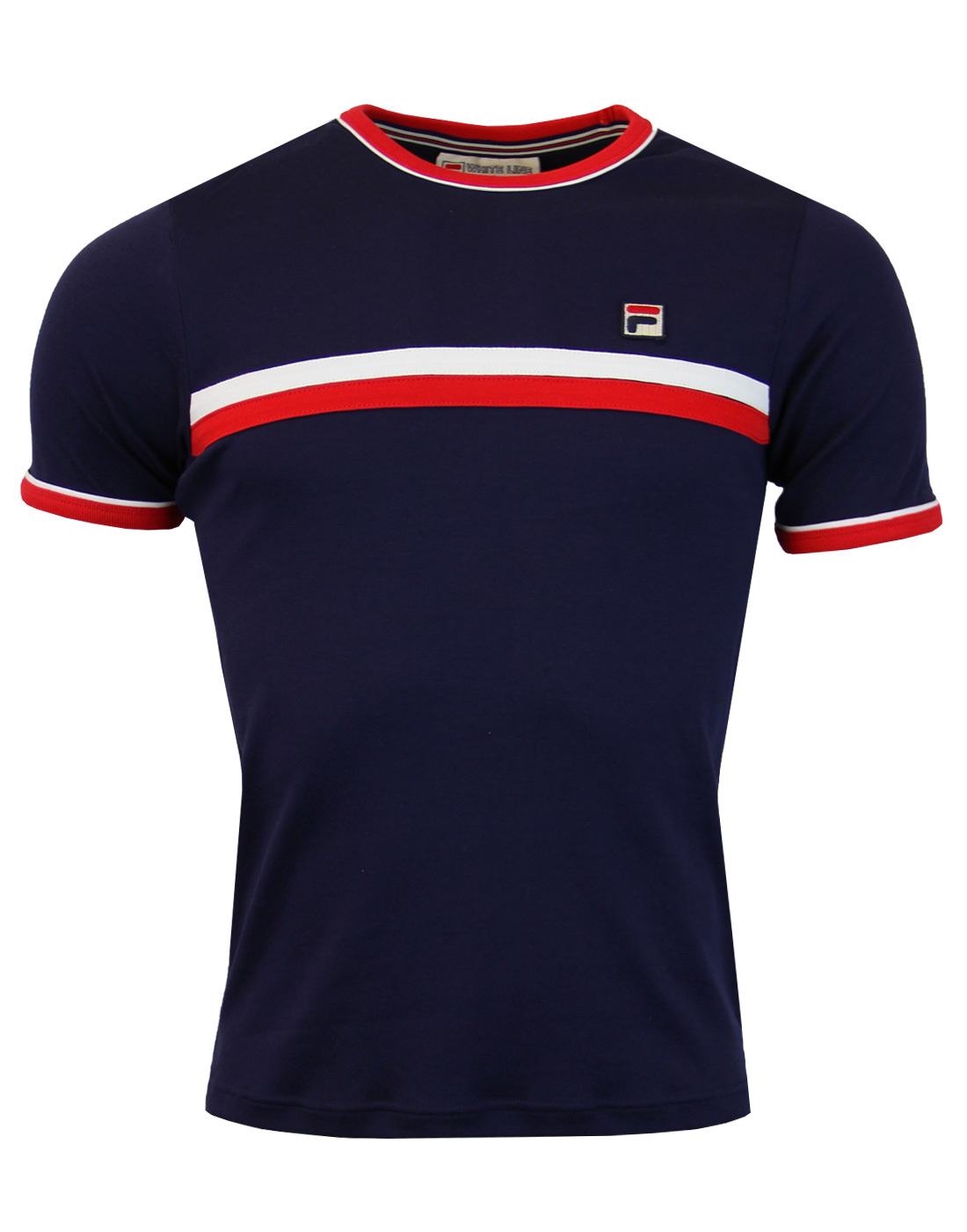 FILA VINTAGE Razee Retro 70s Mod Chest Stripe T-Shirt in Peacoat