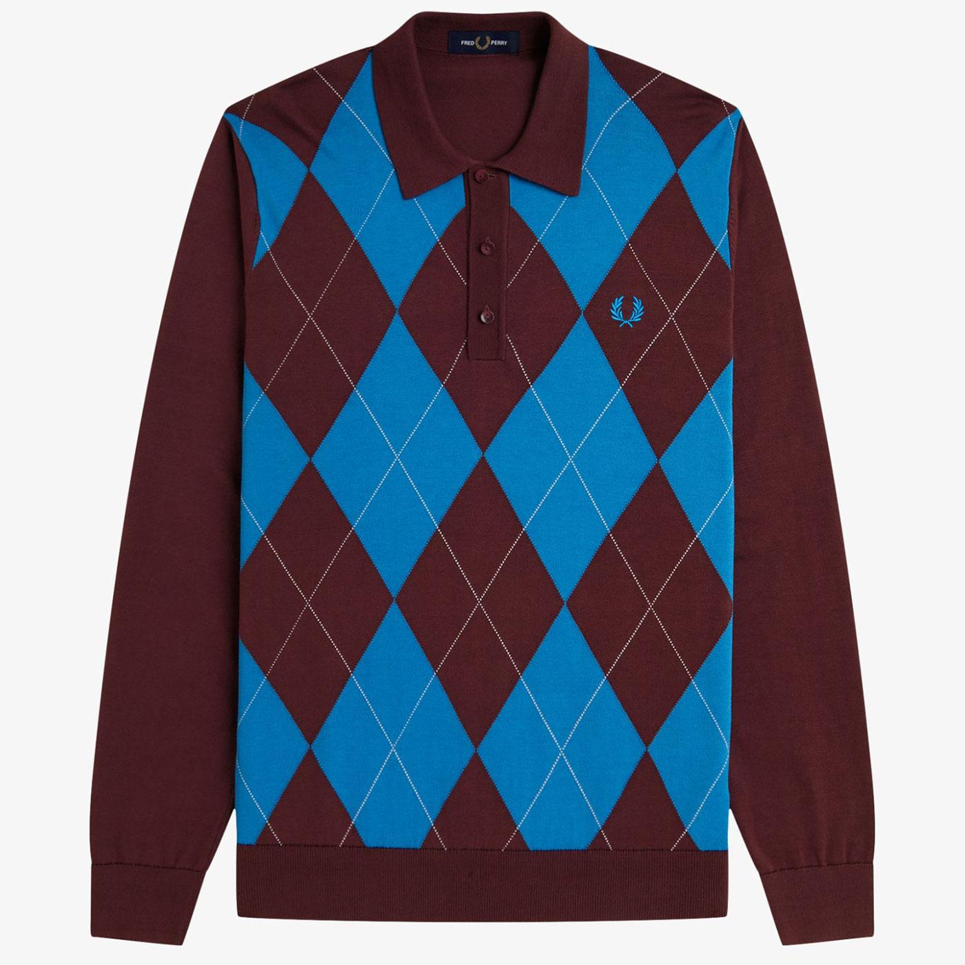 Fred Perry Long Sleeve Argyle Slow Knitted Polo Shirt Oxblood