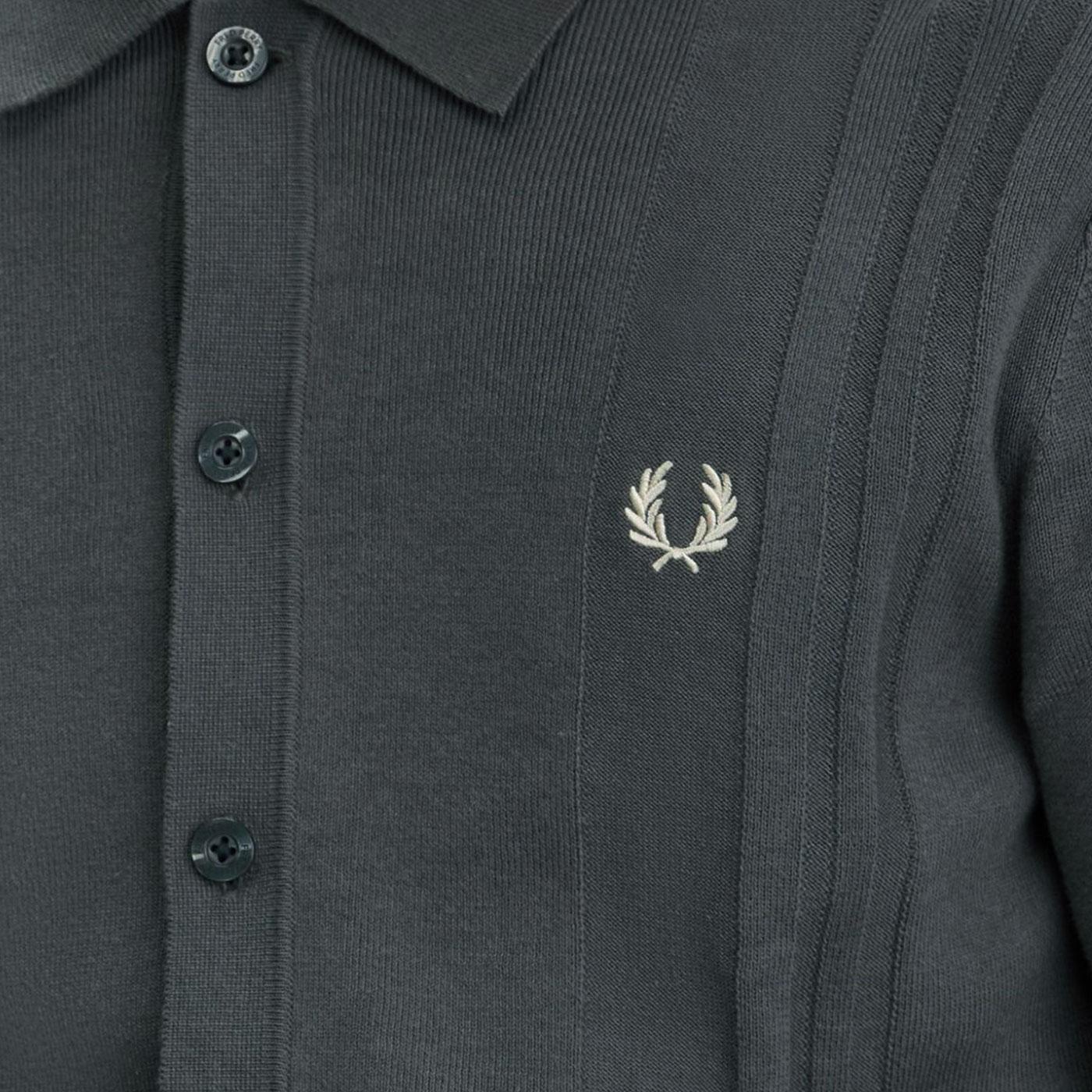 Fred Perry Button Through Retro L/S Knitted Shirt in Field Green