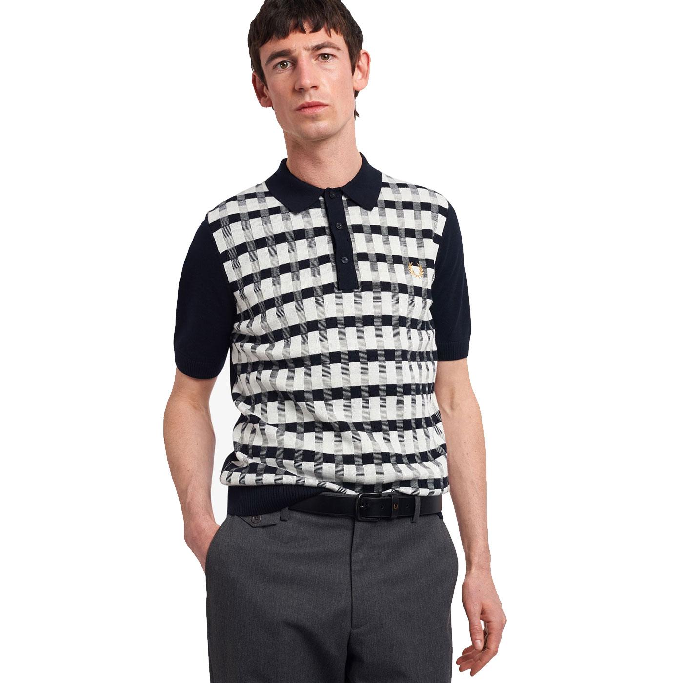 FRED PERRY Mod Abstract Check Knitted Polo Shirt in Navy