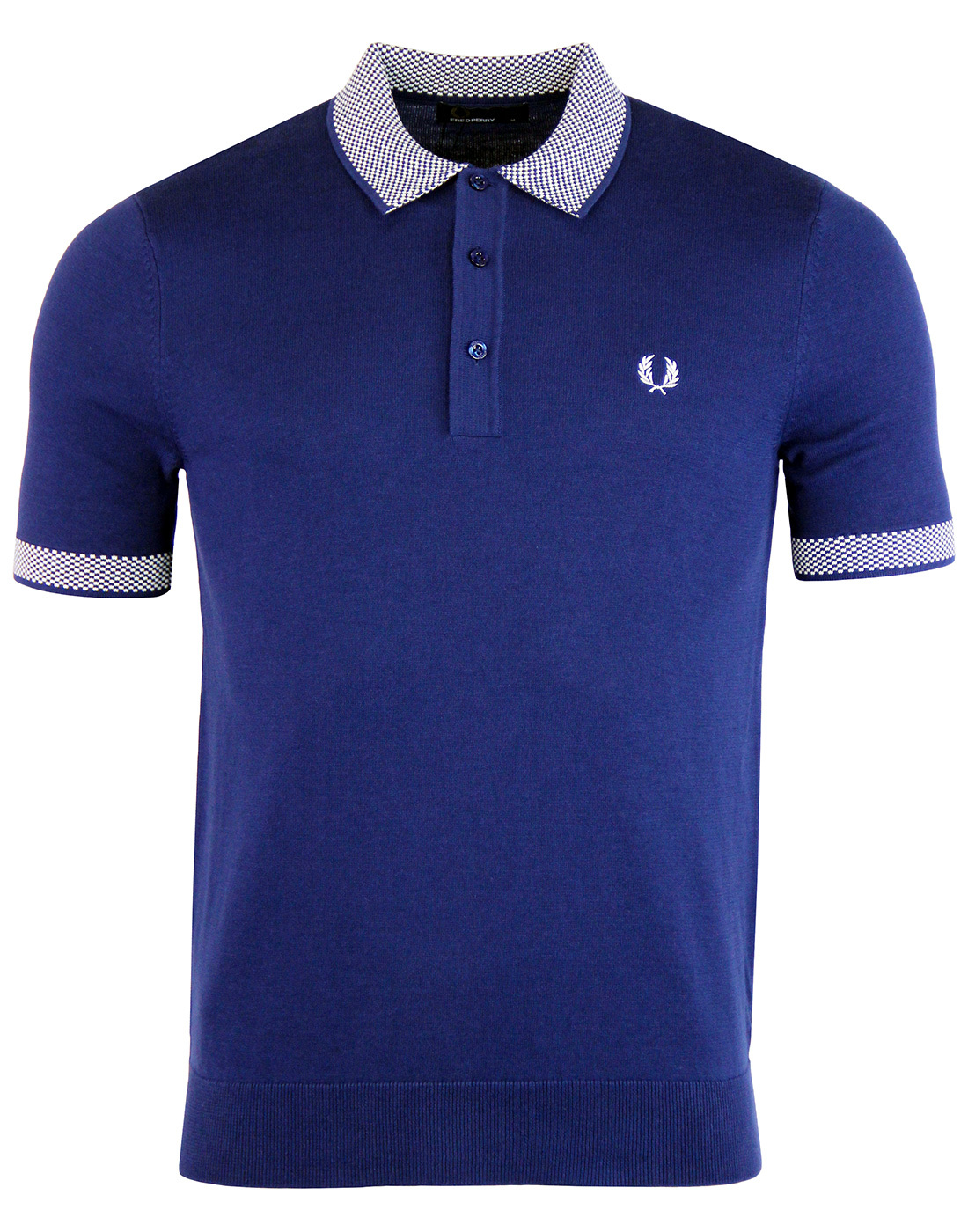 FRED PERRY Retro Mod Chequerboard Trim Knit Polo in French Navy