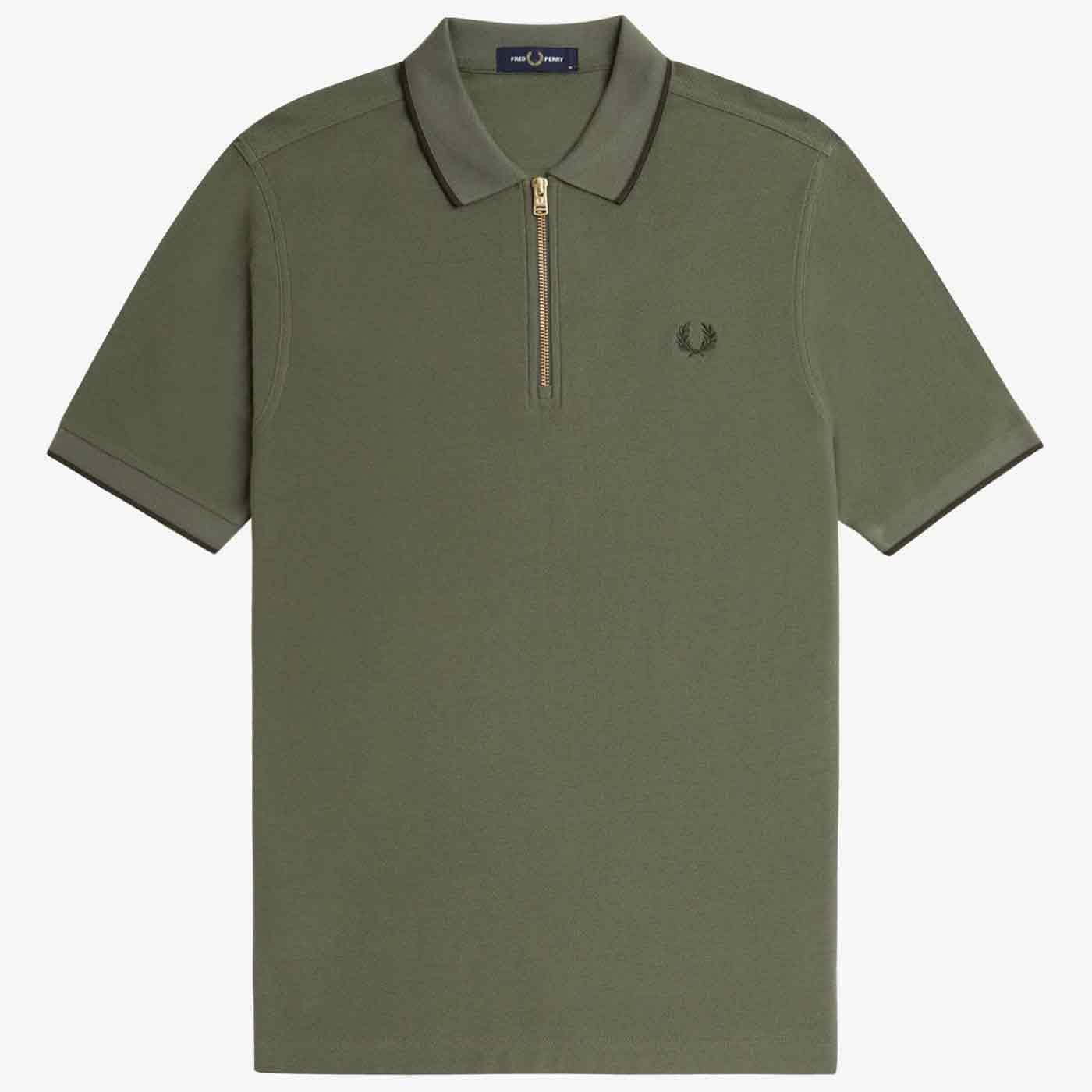 Fred Perry Crepe Pique Zip Neck Polo Shirt Laurel Wreath Green