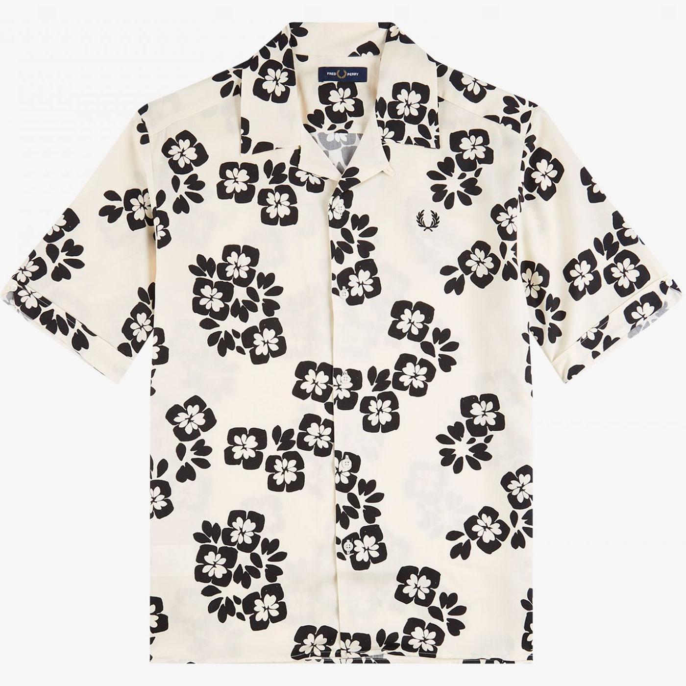 FRED PERRY Retro 70s Floral Print Revere Collar Shirt in Ecru