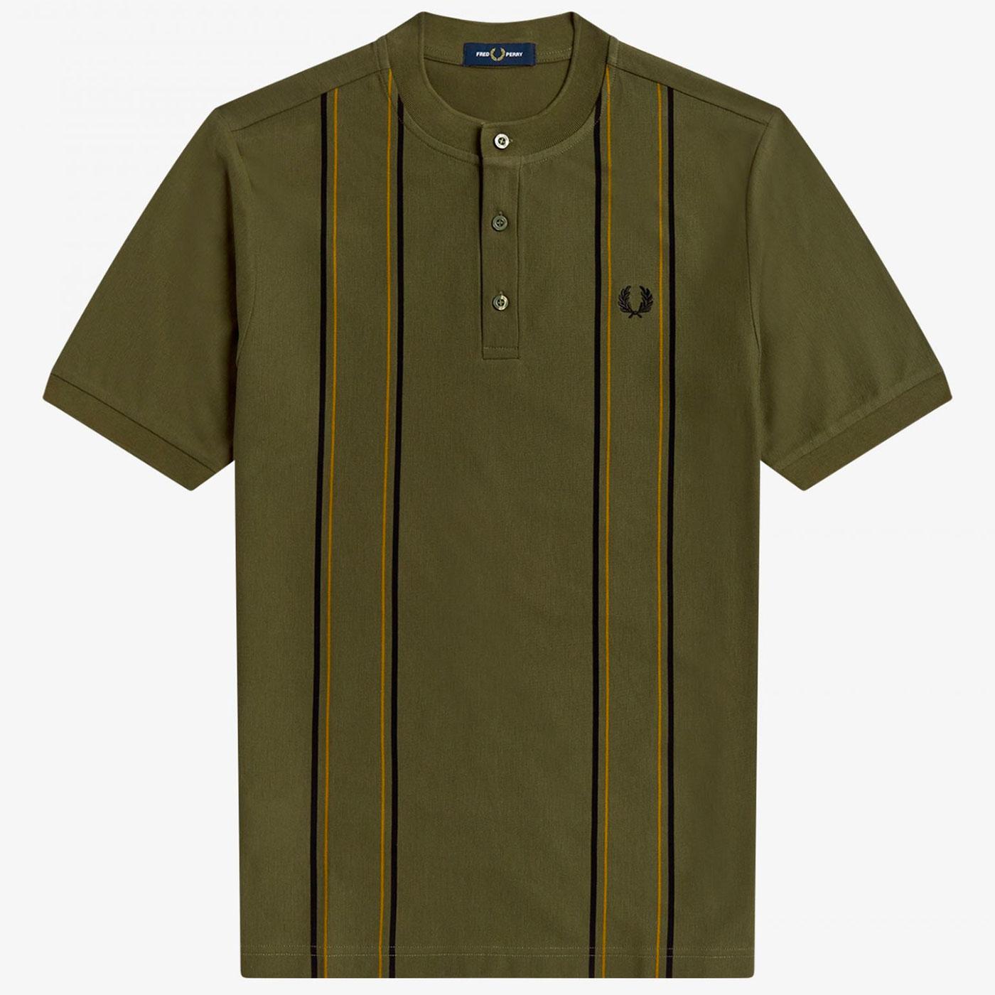 FRED PERRY Retro 80s Striped Henley Collar T-Shirt