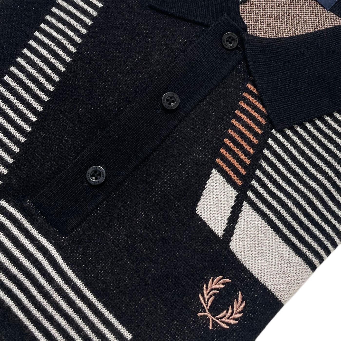 FRED PERRY Jacquard Glitch Retro 70s Knitted Polo in Black