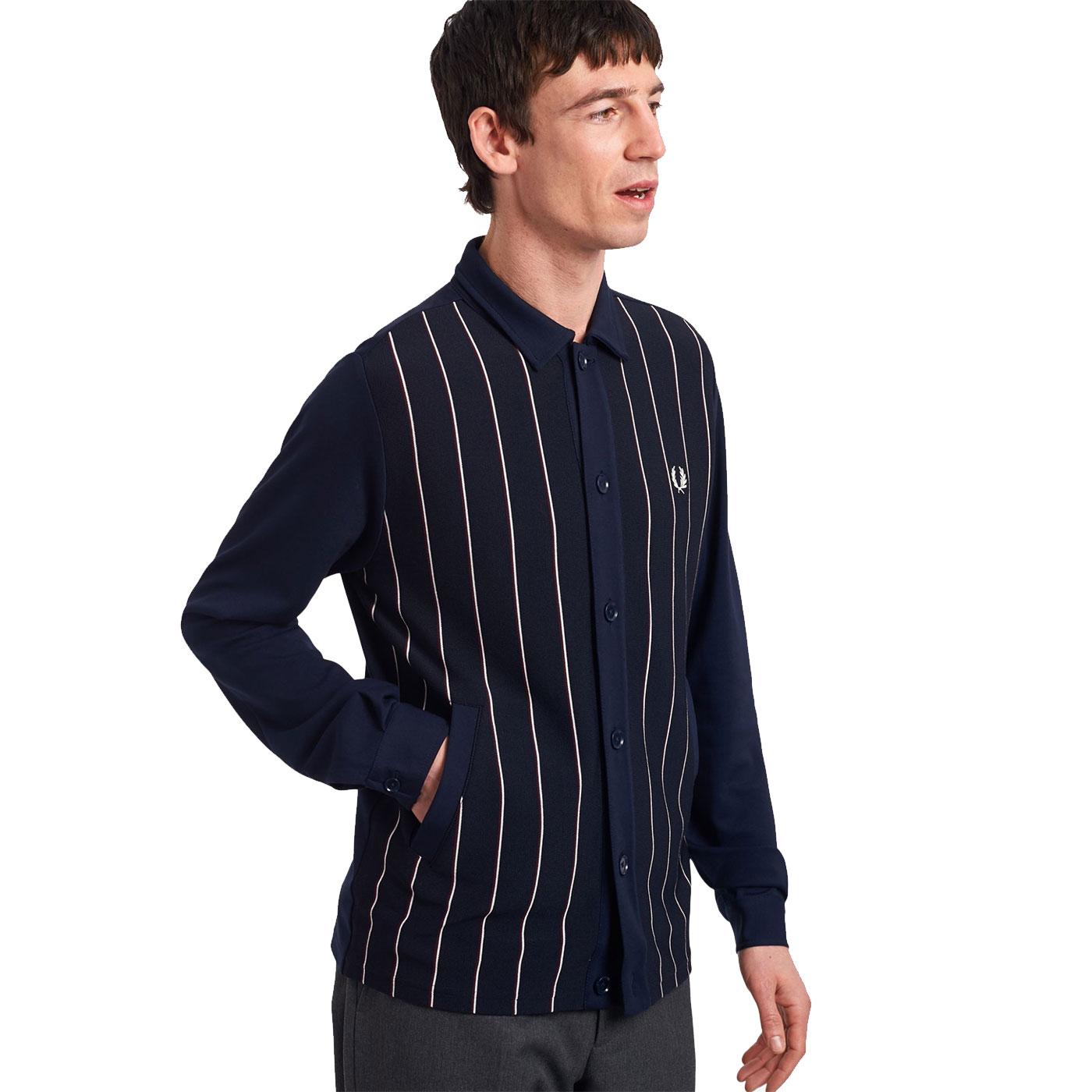 FRED PERRY Mod Knitted Fine Stripe Track Jacket in Navy