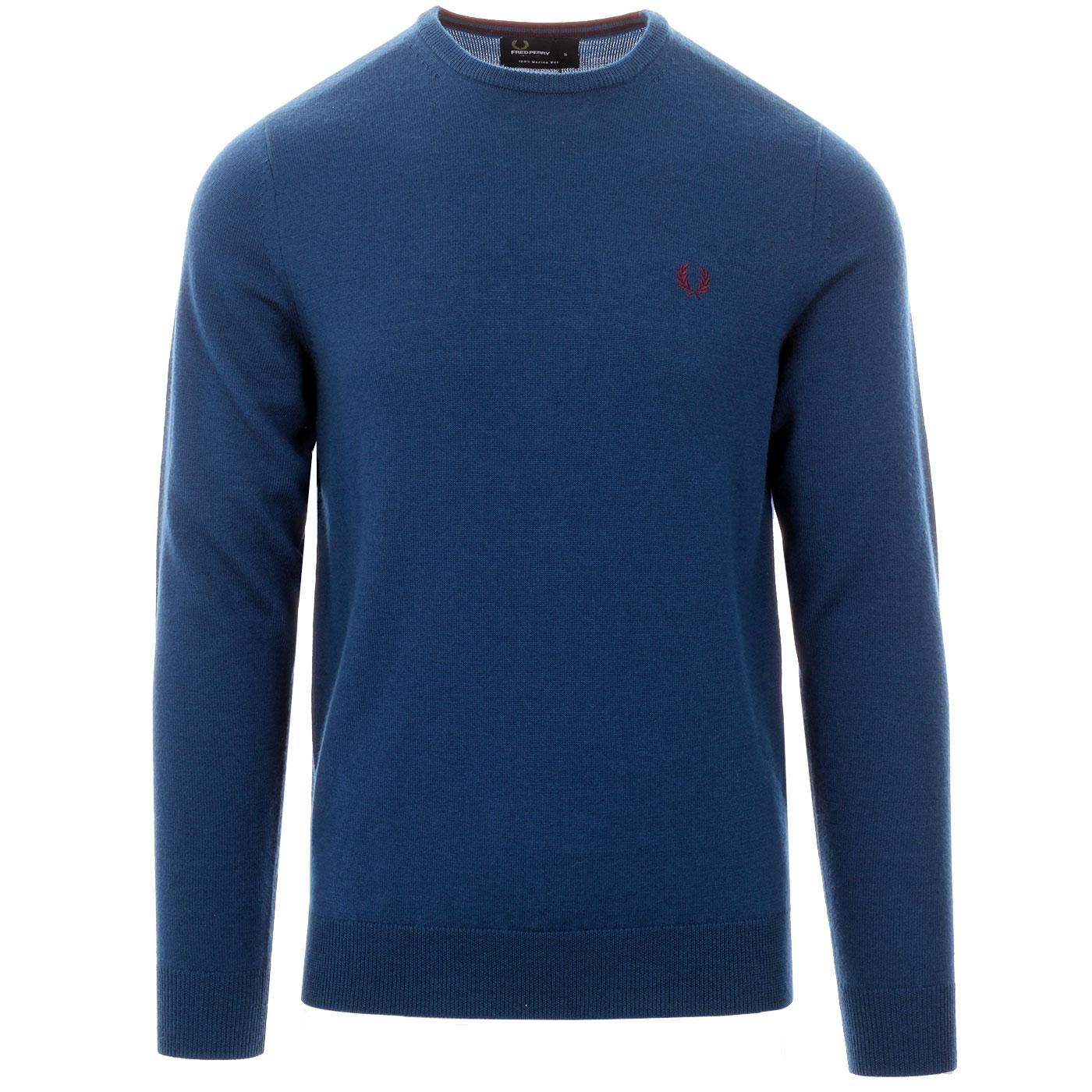 FRED PERRY Merino Wool Knitted Crew Jumper Service Blue