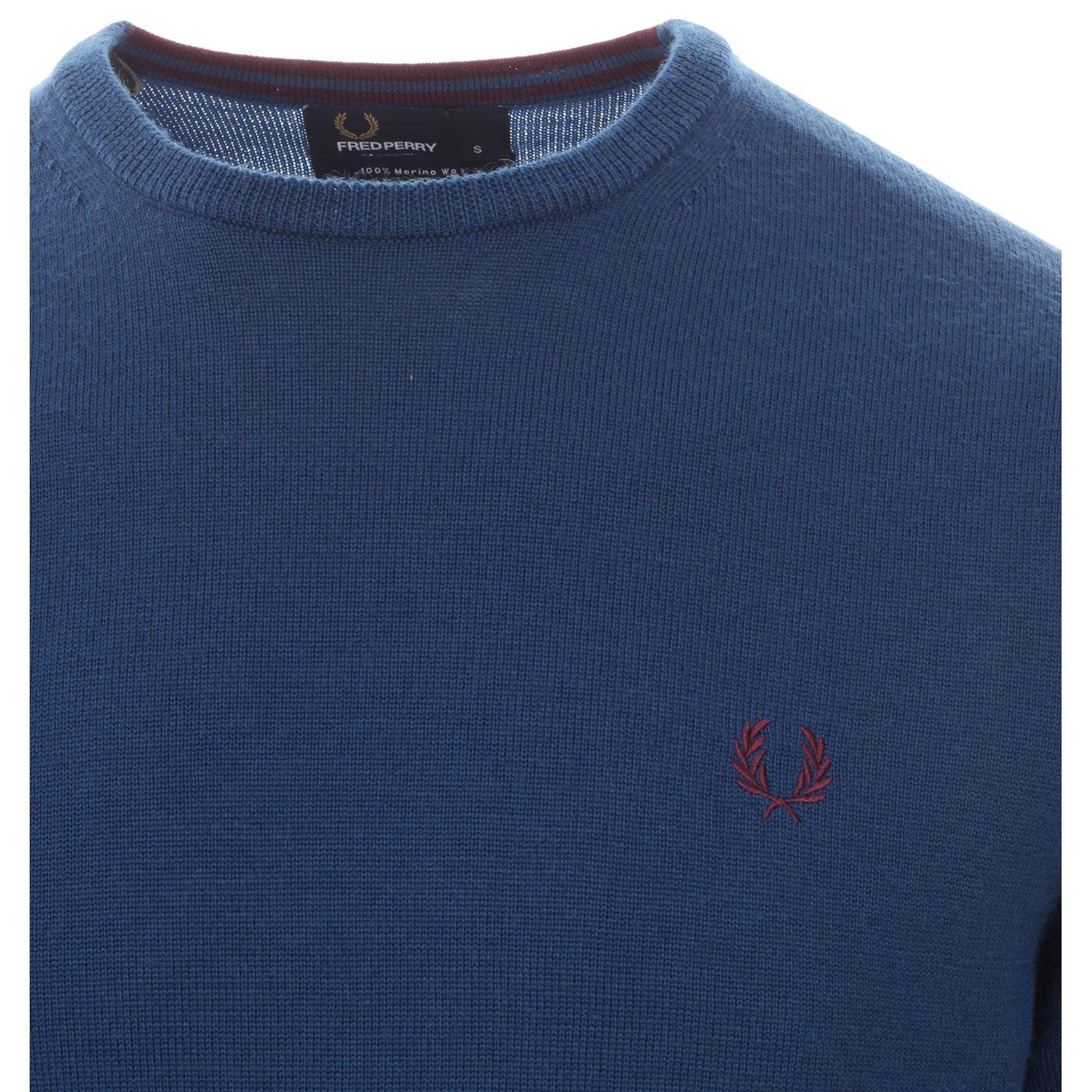 FRED PERRY Merino Wool Knitted Crew Jumper Service Blue