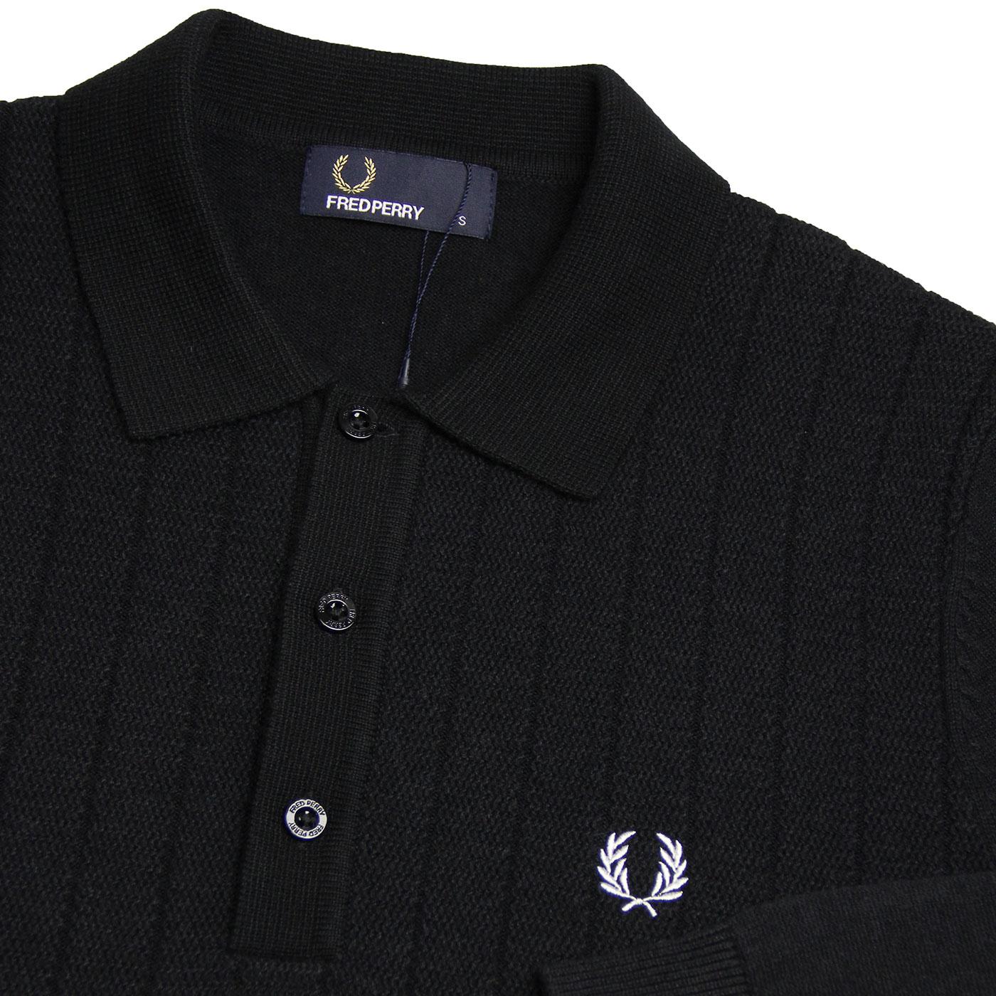FRED PERRY Retro 60s Mod Ribbed Knit Polo Shirt Black Marl