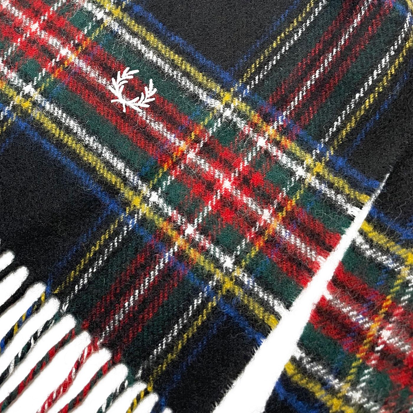 FRED PERRY Black Stewart Tartan Wool Fringe Scarf