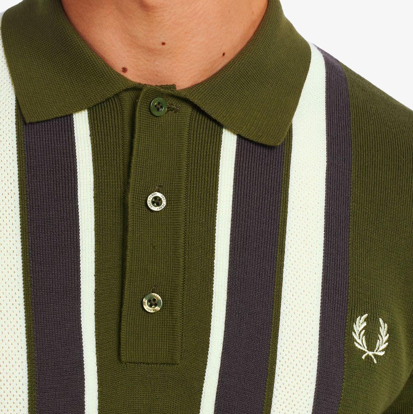 FRED PERRY 60s Mod Striped Knitted Shirt in Military Green
