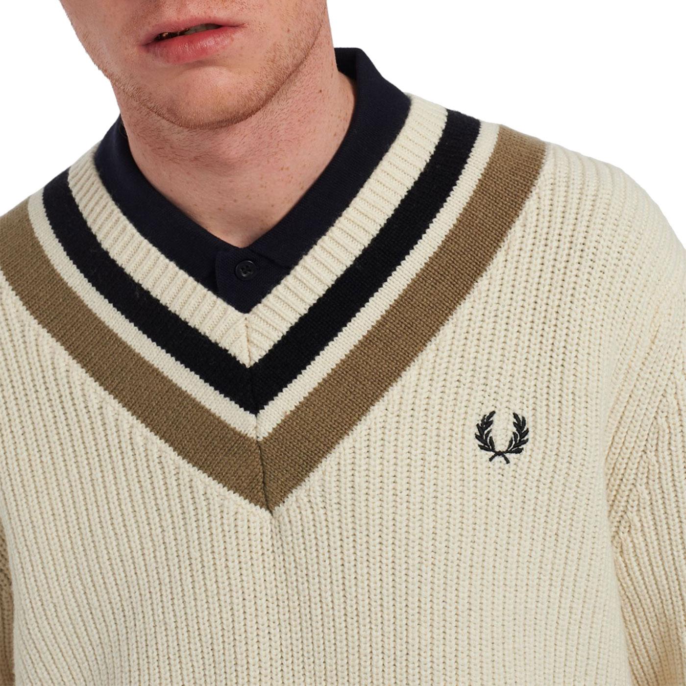 FRED PERRY Retro Stripe Knit V-neck Tennis Jumper in Ecru