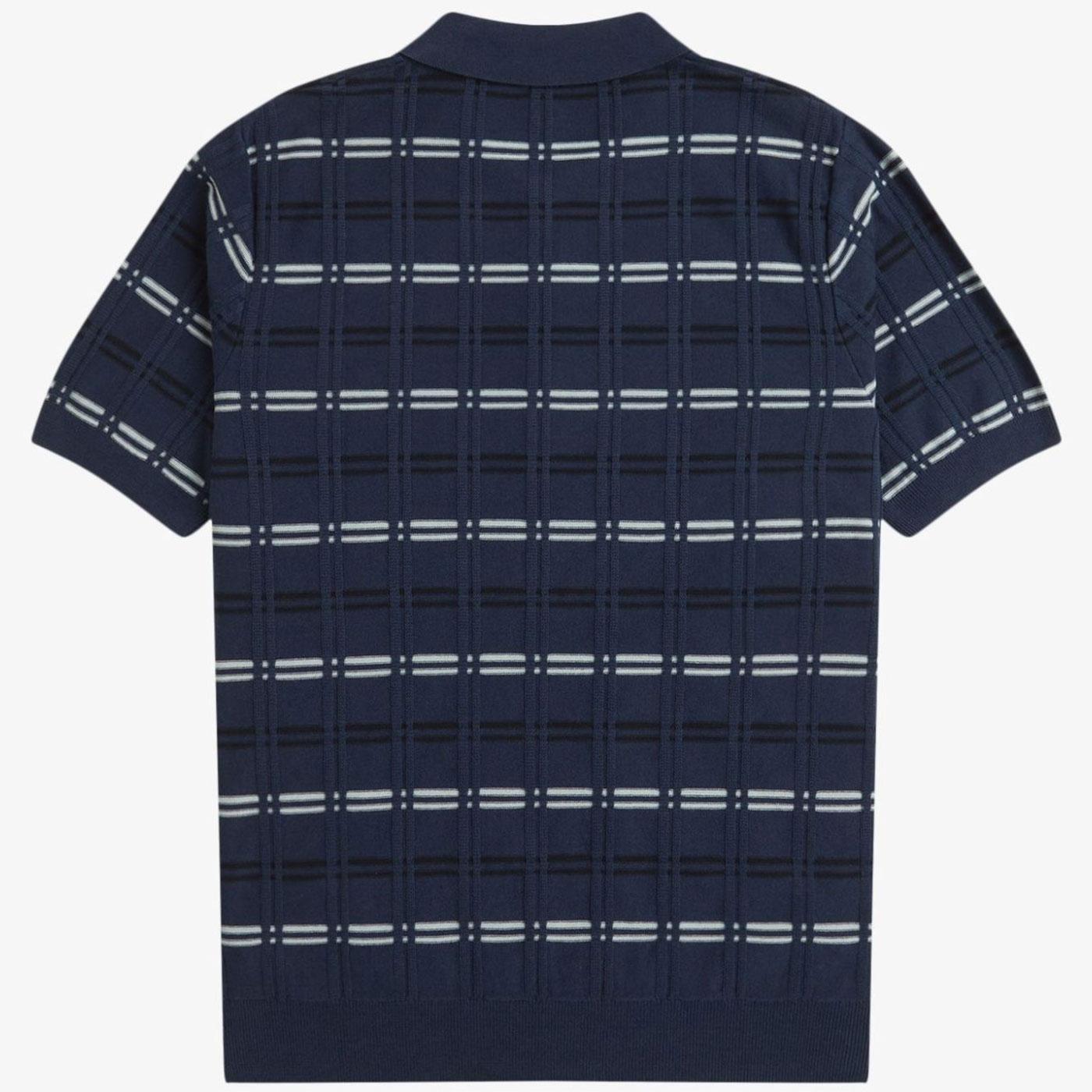 Fred Perry Striped Rib Knitted Retro Mod Polo Shirt Tennis Blue
