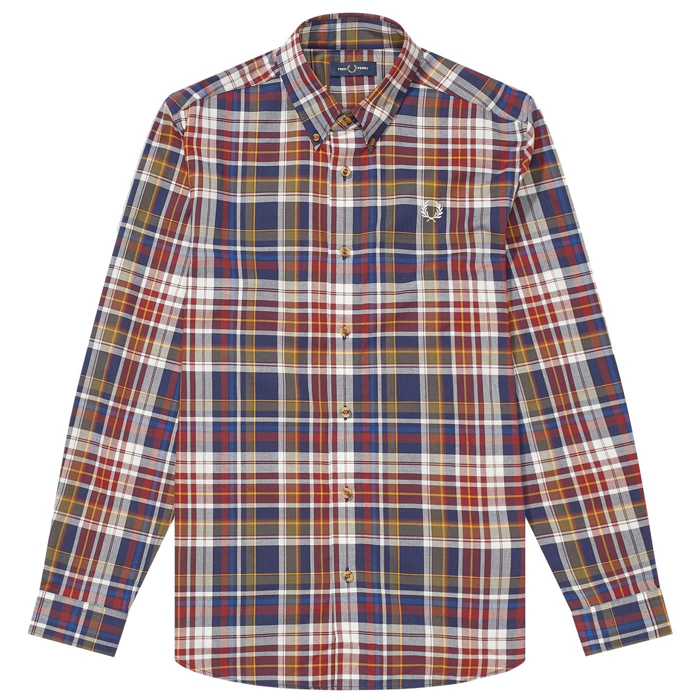 FRED PERRY Retro Button Down Tartan Check Shirt in Navy