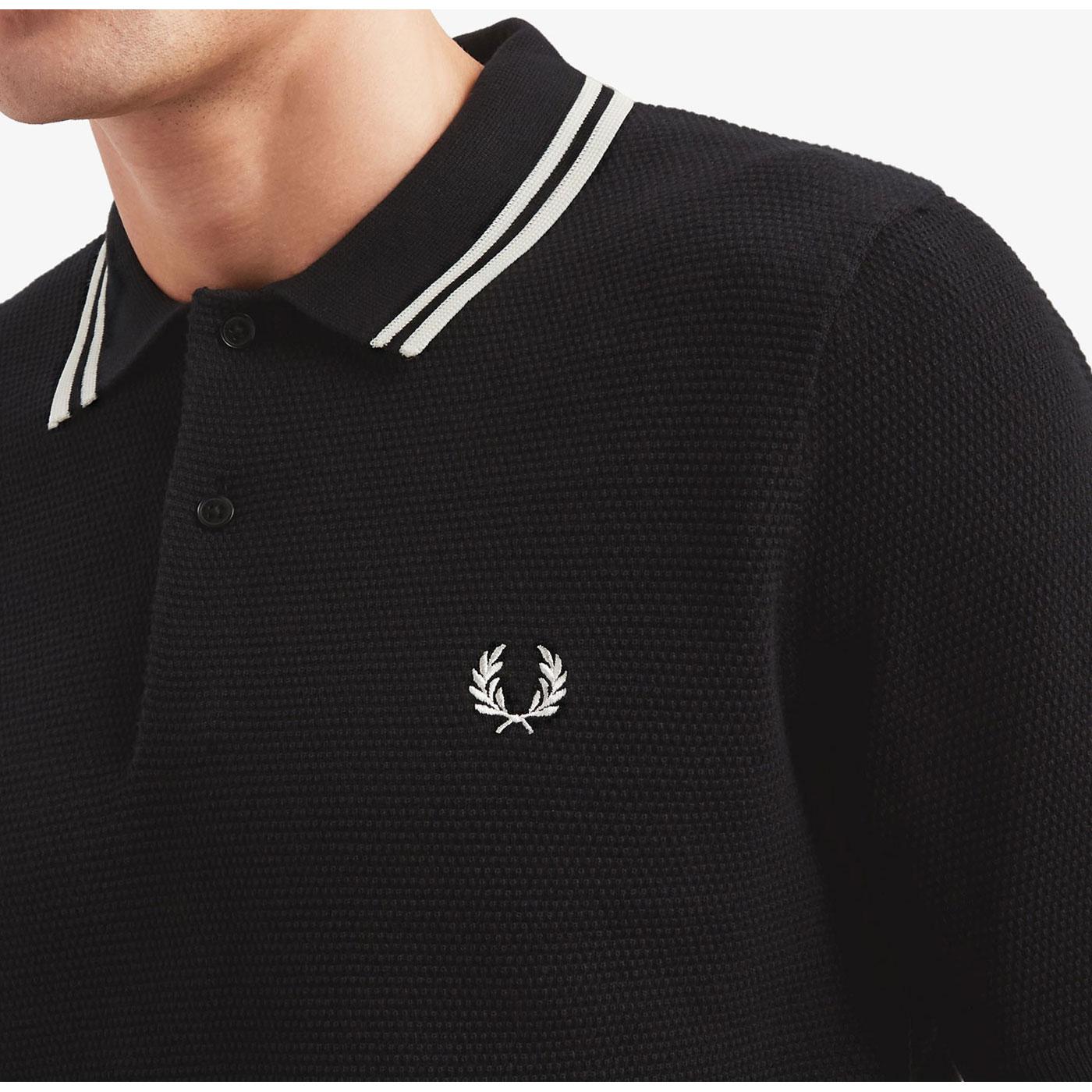FRED PERRY Texture Knit Mod Twin Tipped Polo Top in Black